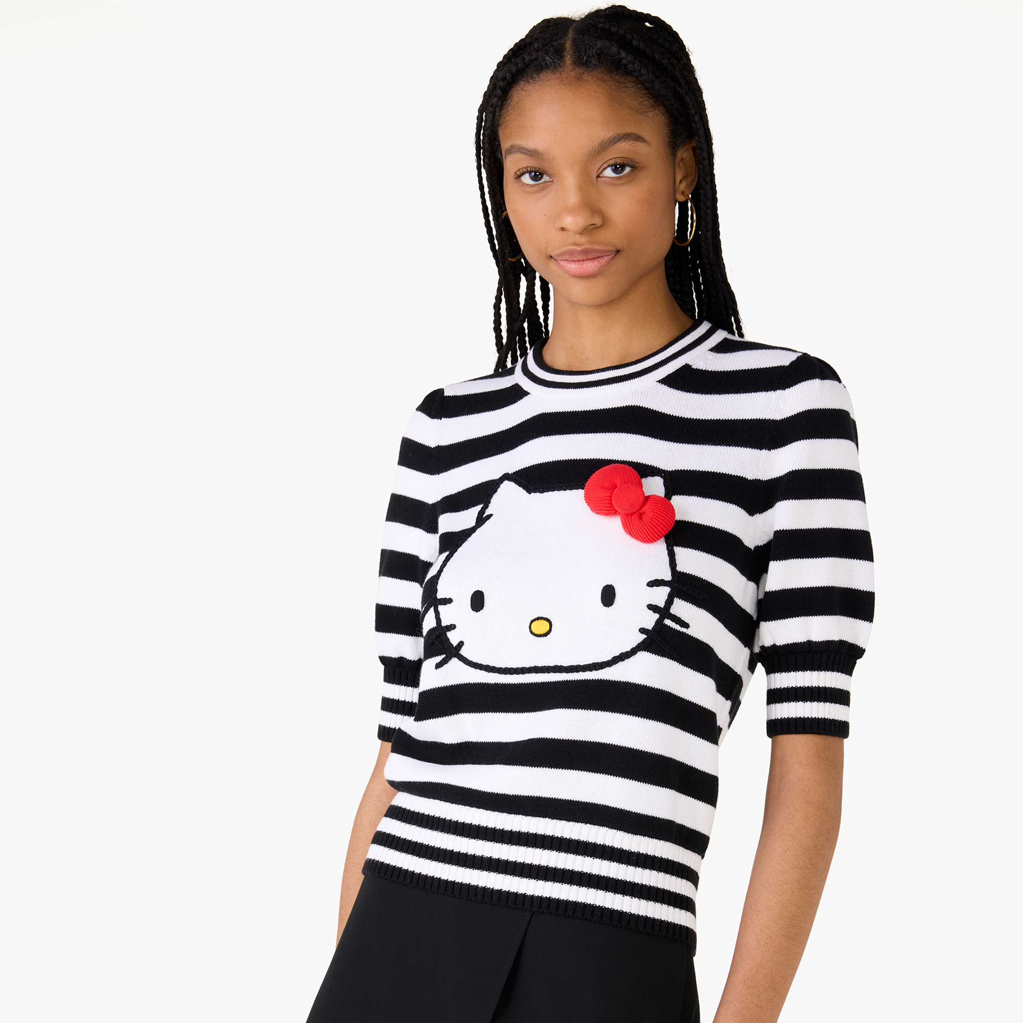 Hello Kitty x Kate Spade New York Striped Puff Sleeve Intarsia Sweater Fashion Style Cheap Online