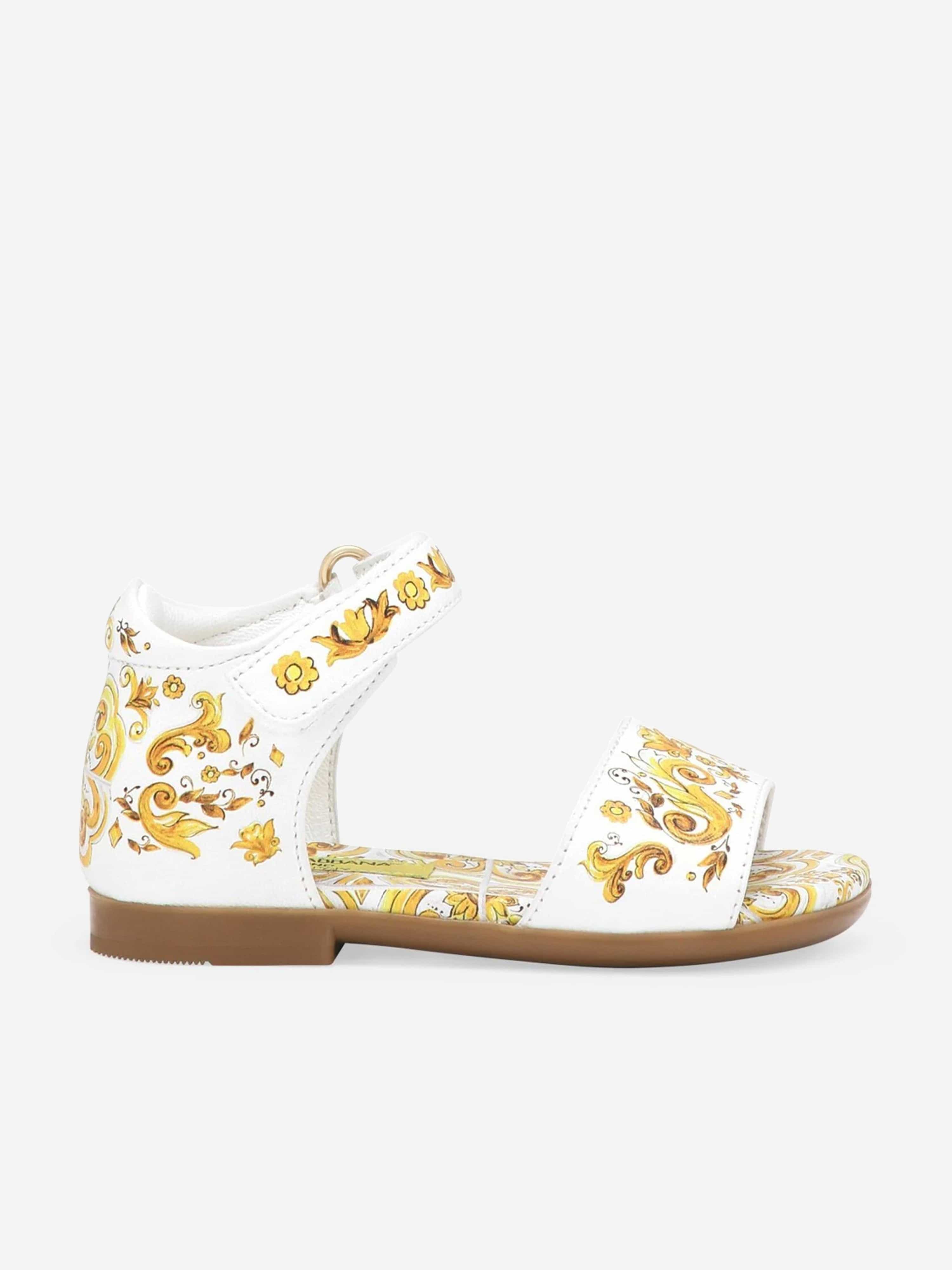 Dolce & Gabbana Girls Leather Maiolica Sandals in Yellow Cheap Exclusive