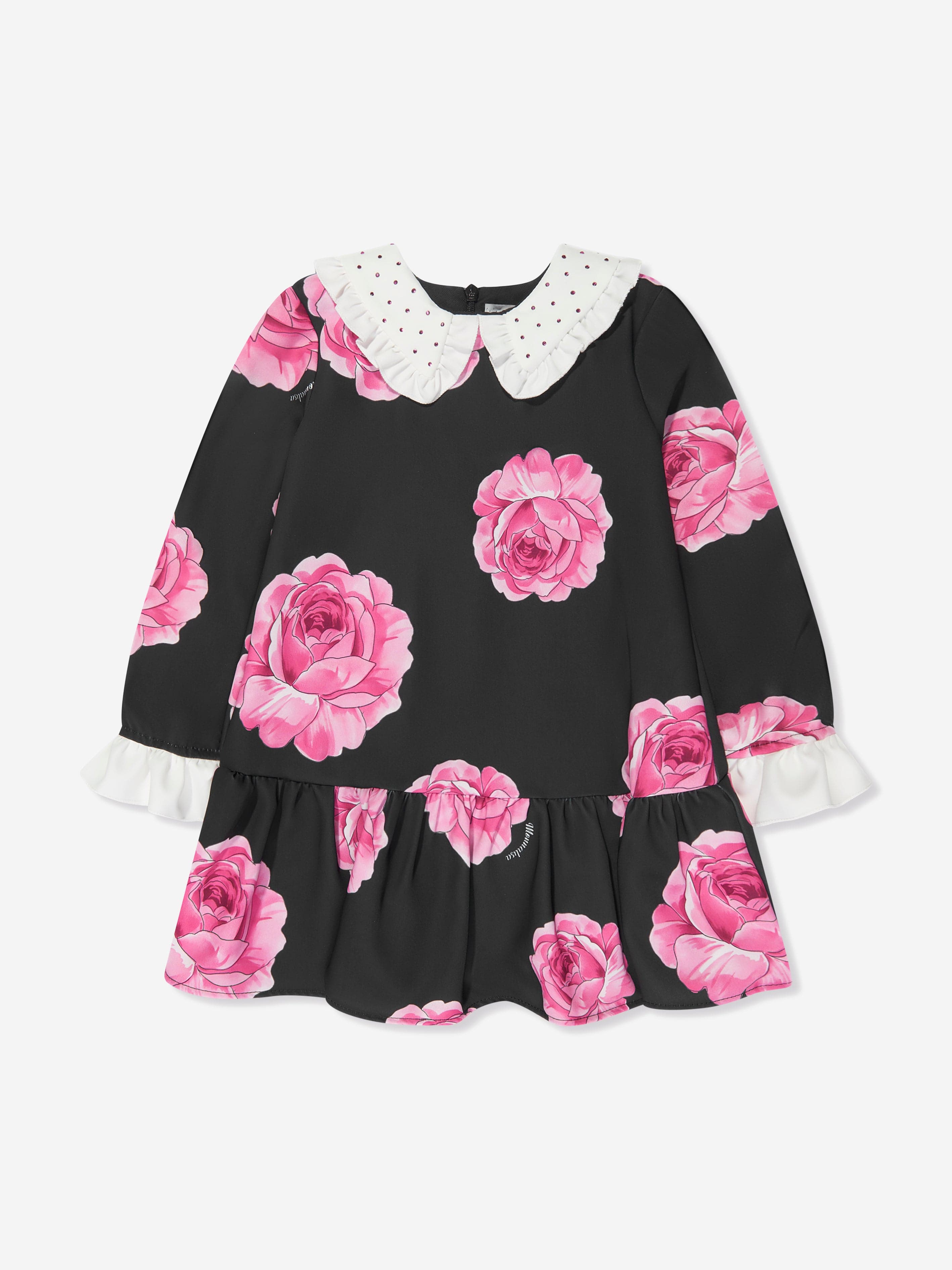 Monnalisa Girls Floral Dropped Hem Dress in Black Pices Online