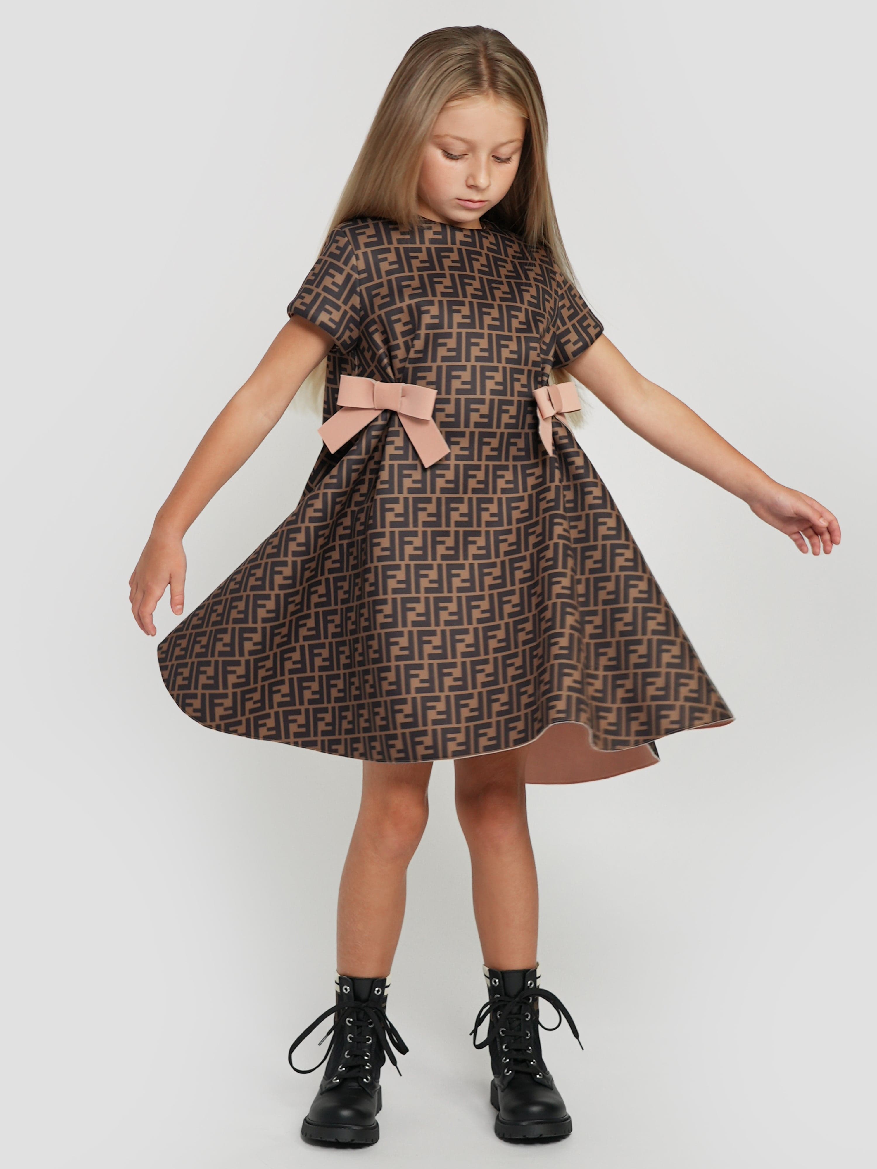 Fendi Girls Neoprene FF Logo Bow Dress Sale Best