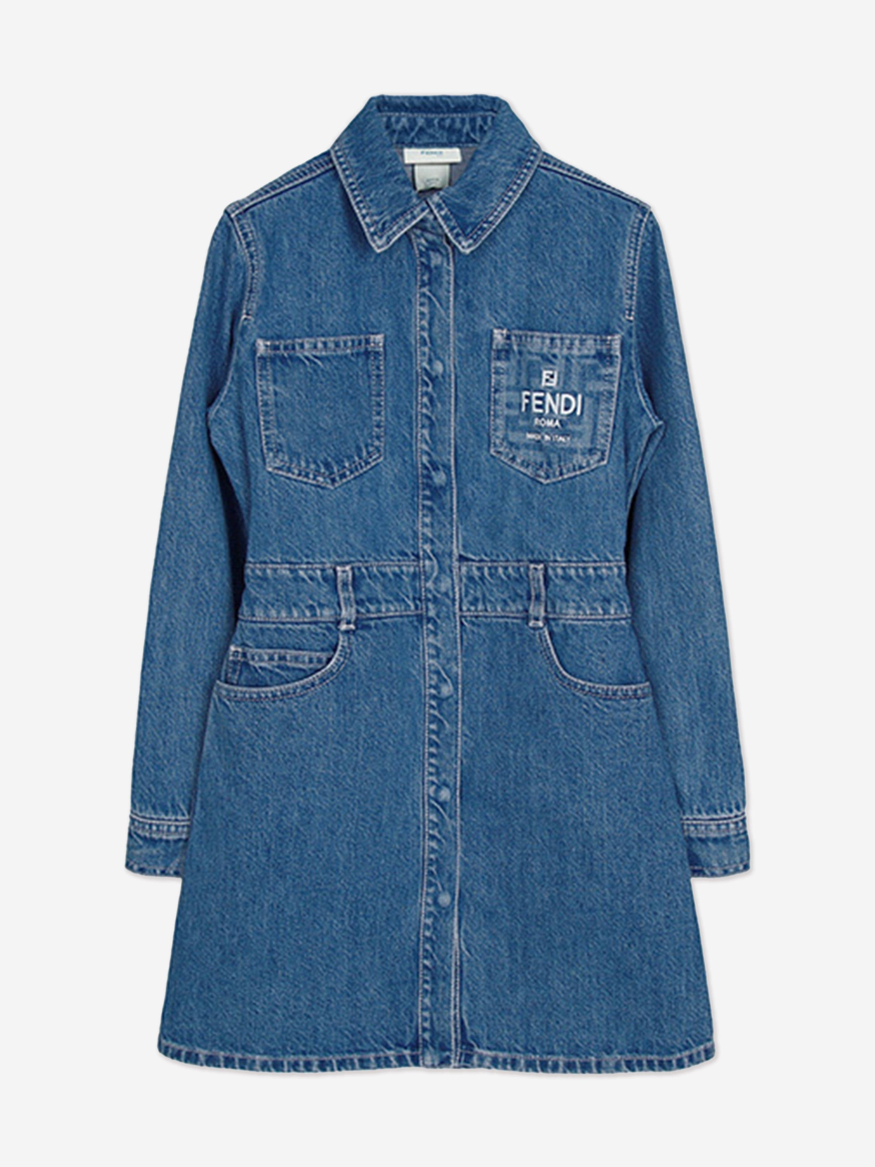 Fendi Girls Denim FF Logo Shirt Dress in Blue Marketable