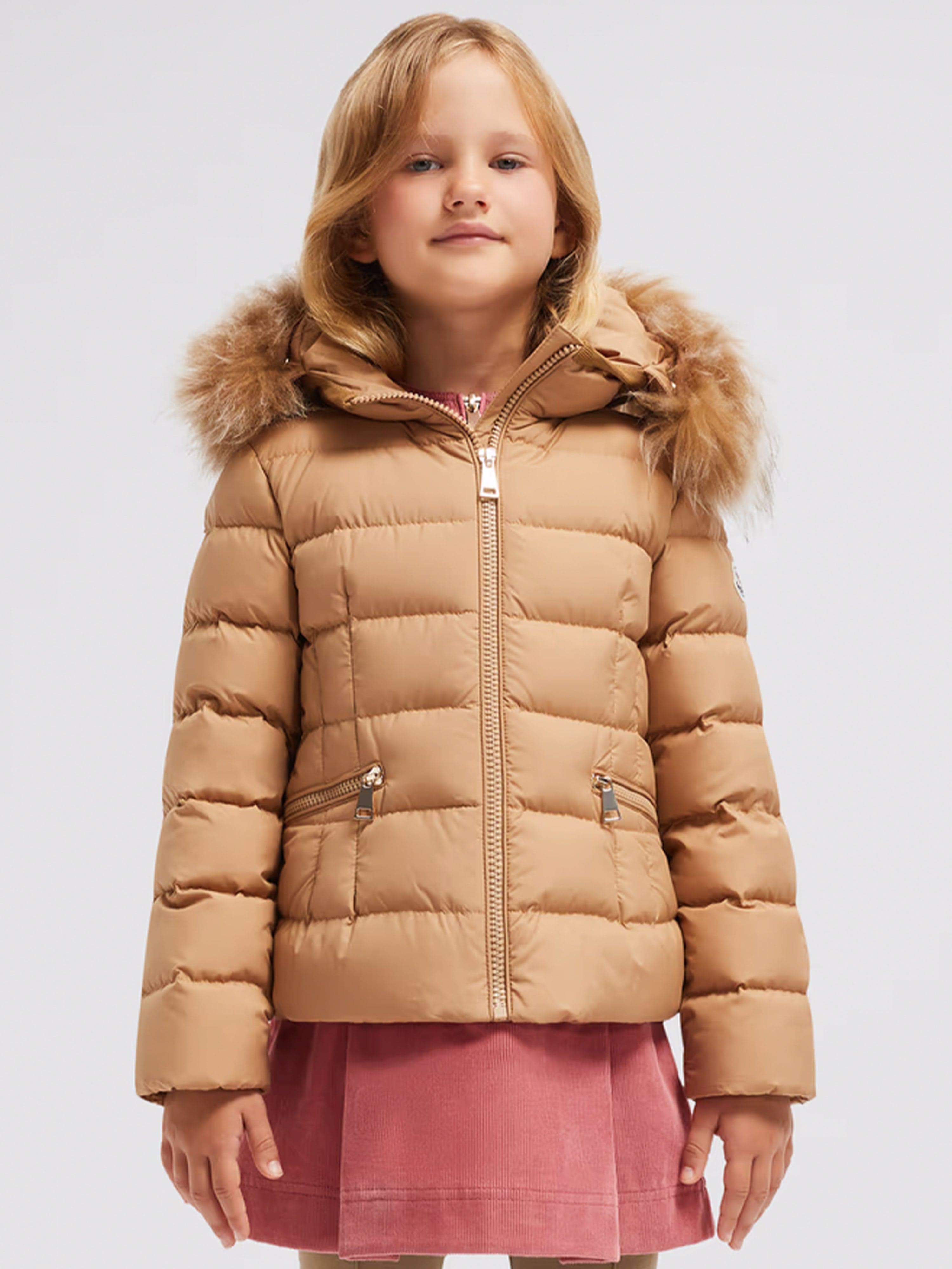 Moncler Enfant Girls Boedette Hooded Shearling Down Jacket in Beige Free Shipping New Styles