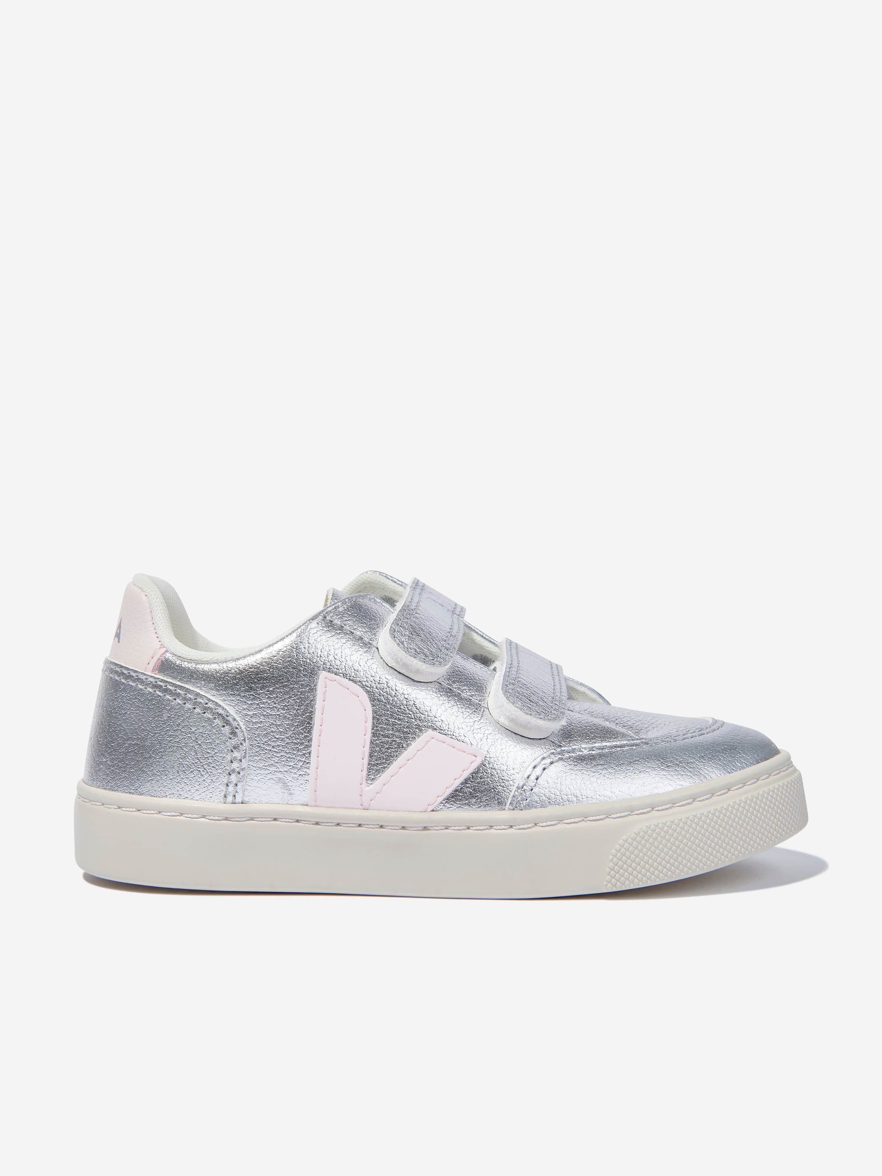 Veja Kids ChromeFree Leather V-12 Trainers in Silver Perfect