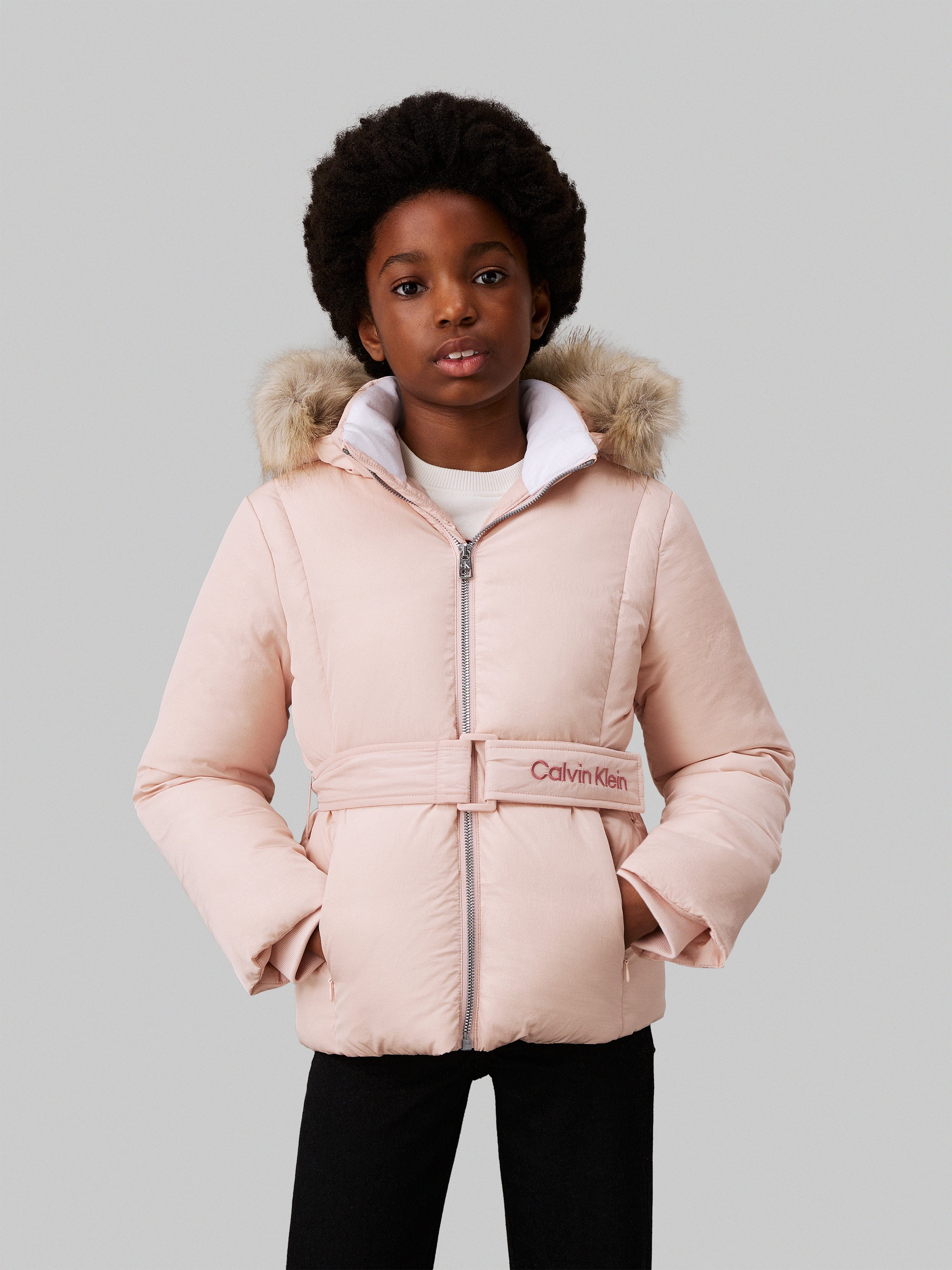 Calvin Klein Girls Classic Belted Fur Jacket in Pink Clearance Geniue Stockist