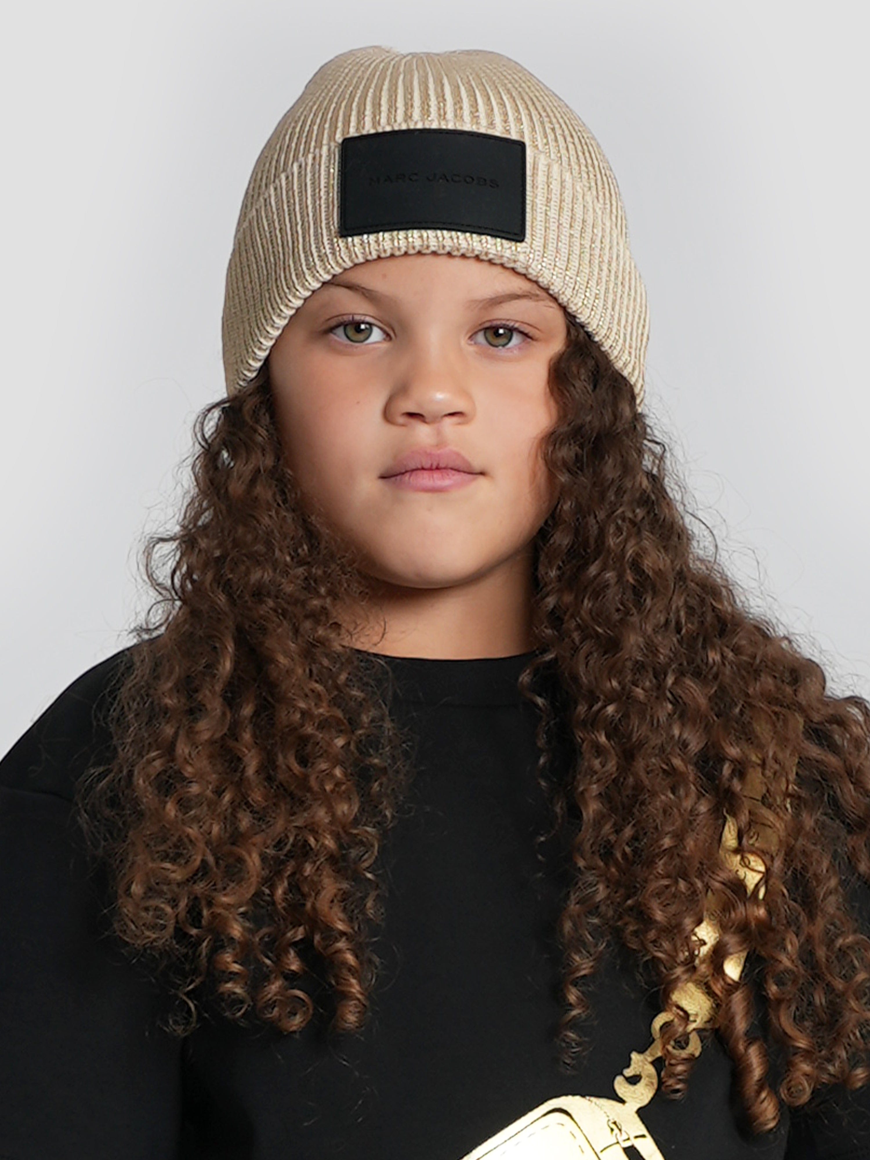 MARC JACOBS Girls Knitted Logo Beanie Hat in Gold Popular Online