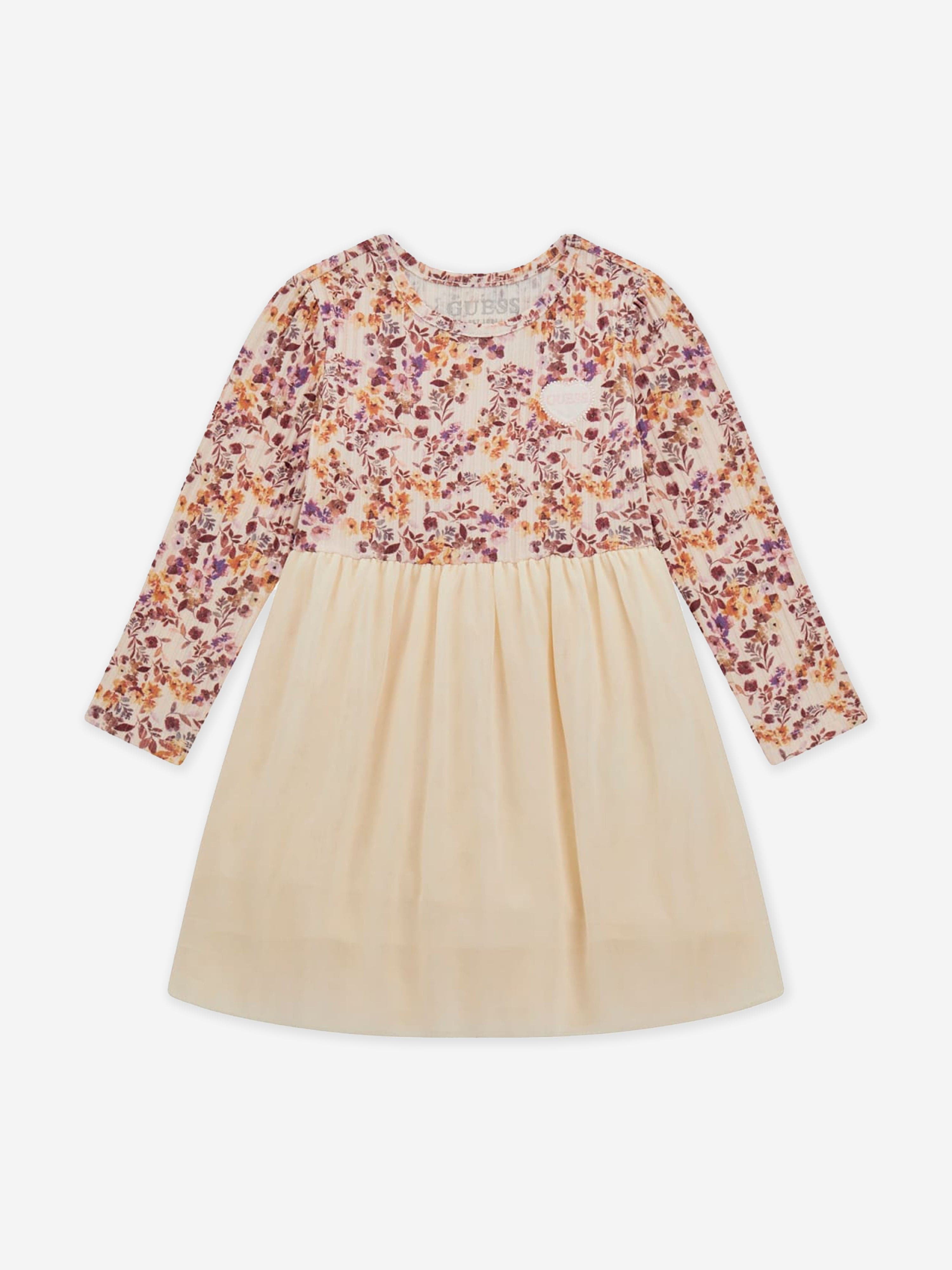 Guess Girls Mixed Fabric Floral Dress in Multicolour Sale Hot Sale