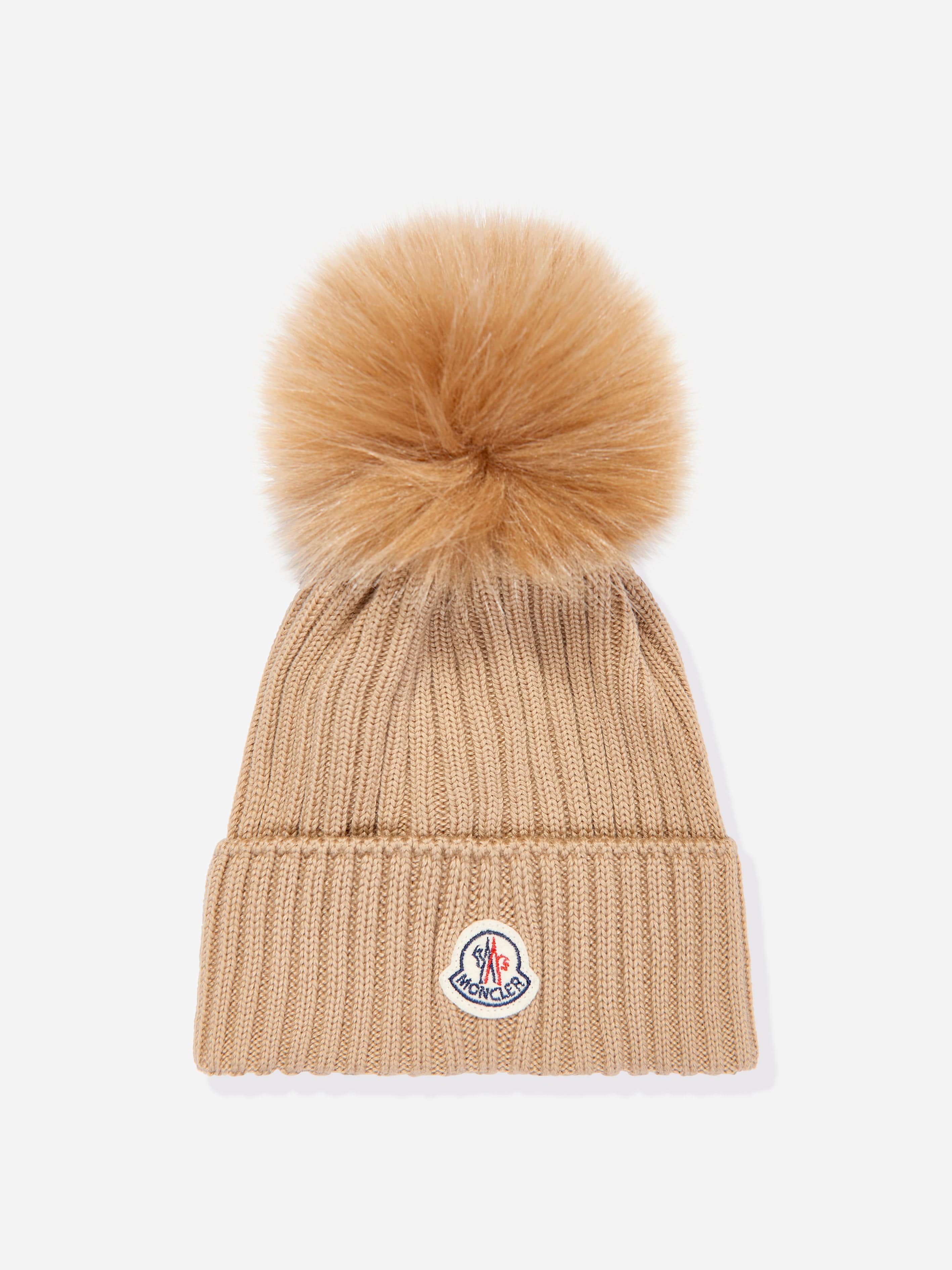 Moncler Enfant Girls Wool Pom Pom Hat in Brown Under 70 Dollars