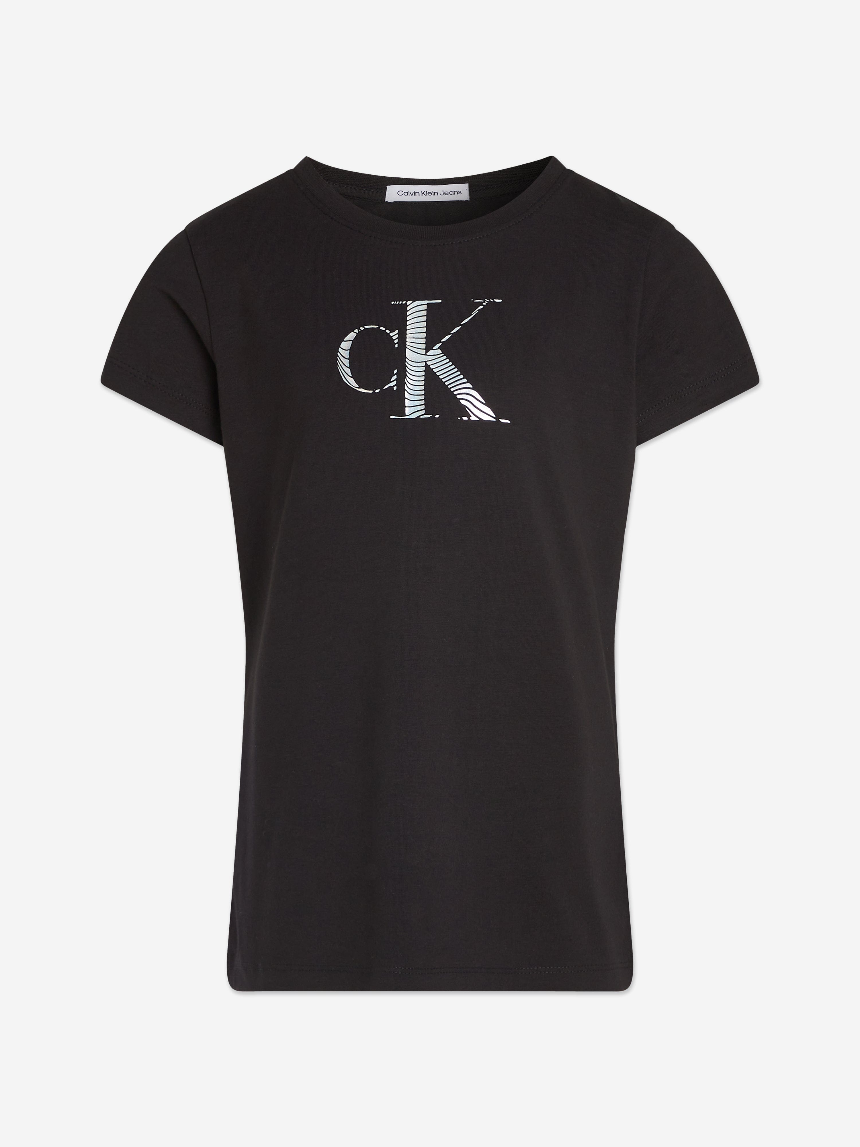 Calvin Klein Girls Iridescent CK Logo T-Shirt in Black Outlet Fashion Style