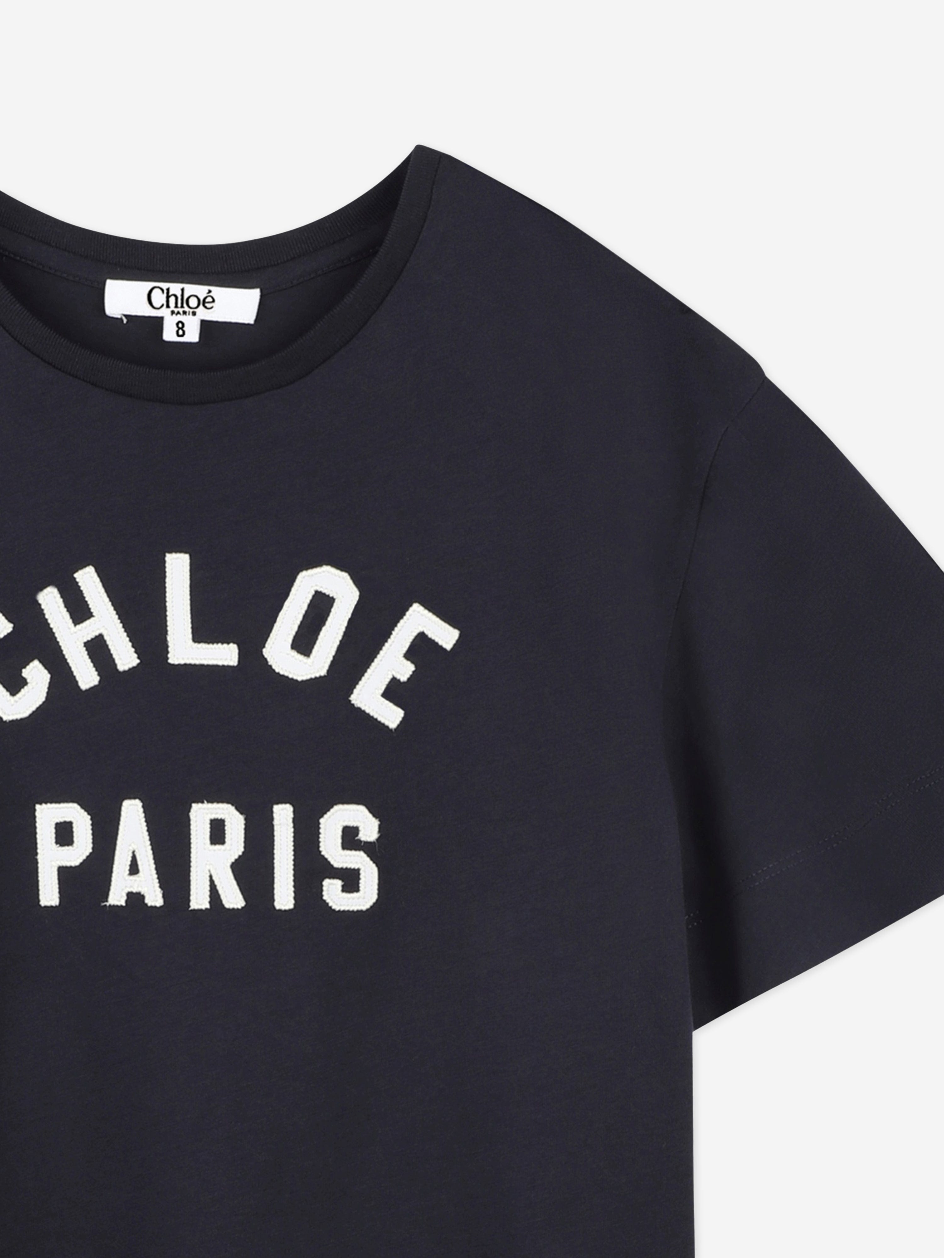 Chlo¨¦ Girls Embroidered Paris Logo T-Shirt in Navy Discount Exclusive