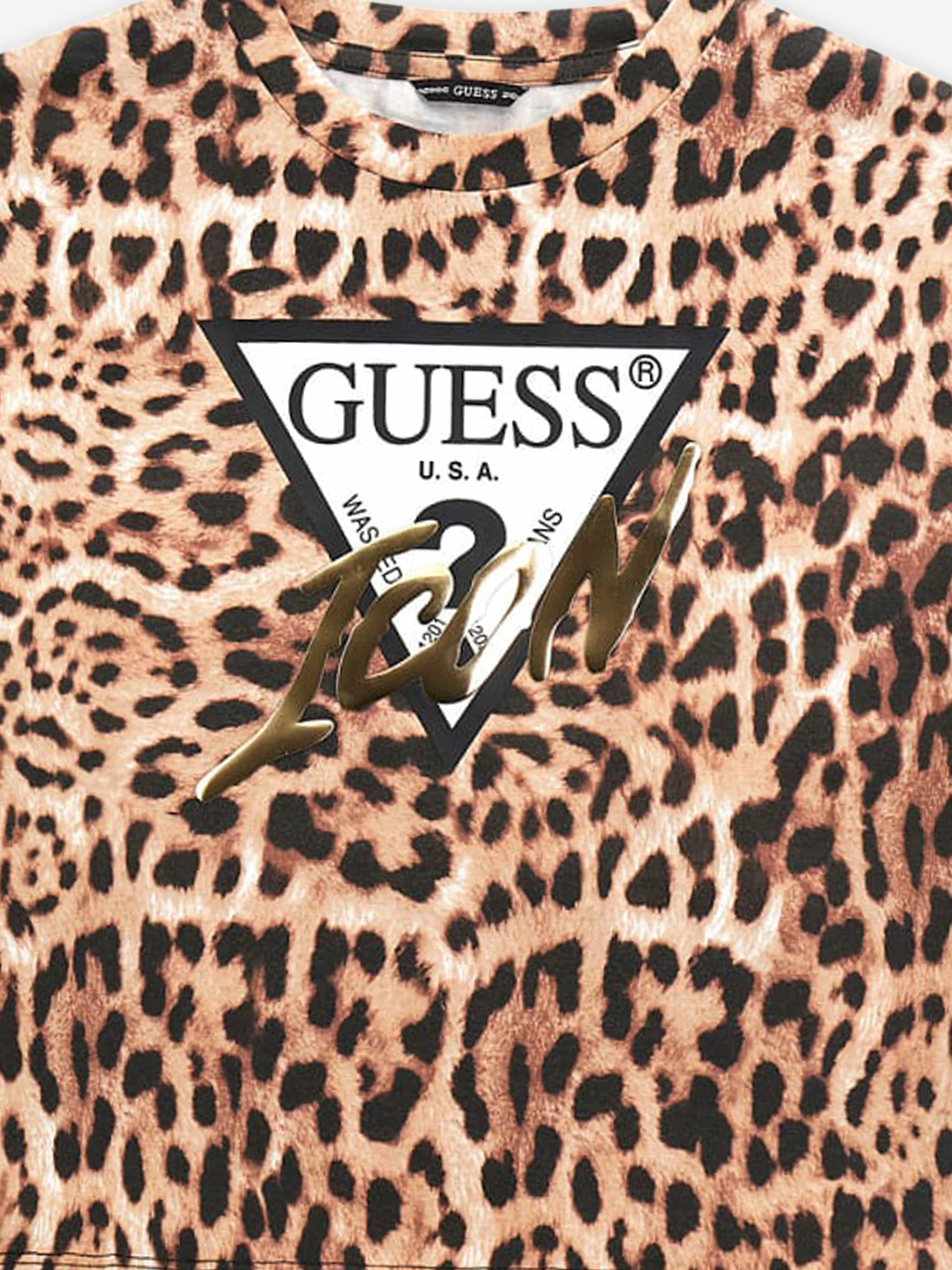 Guess Girls Leopard Print Logo T-Shirt in Brown Sale Top Quality