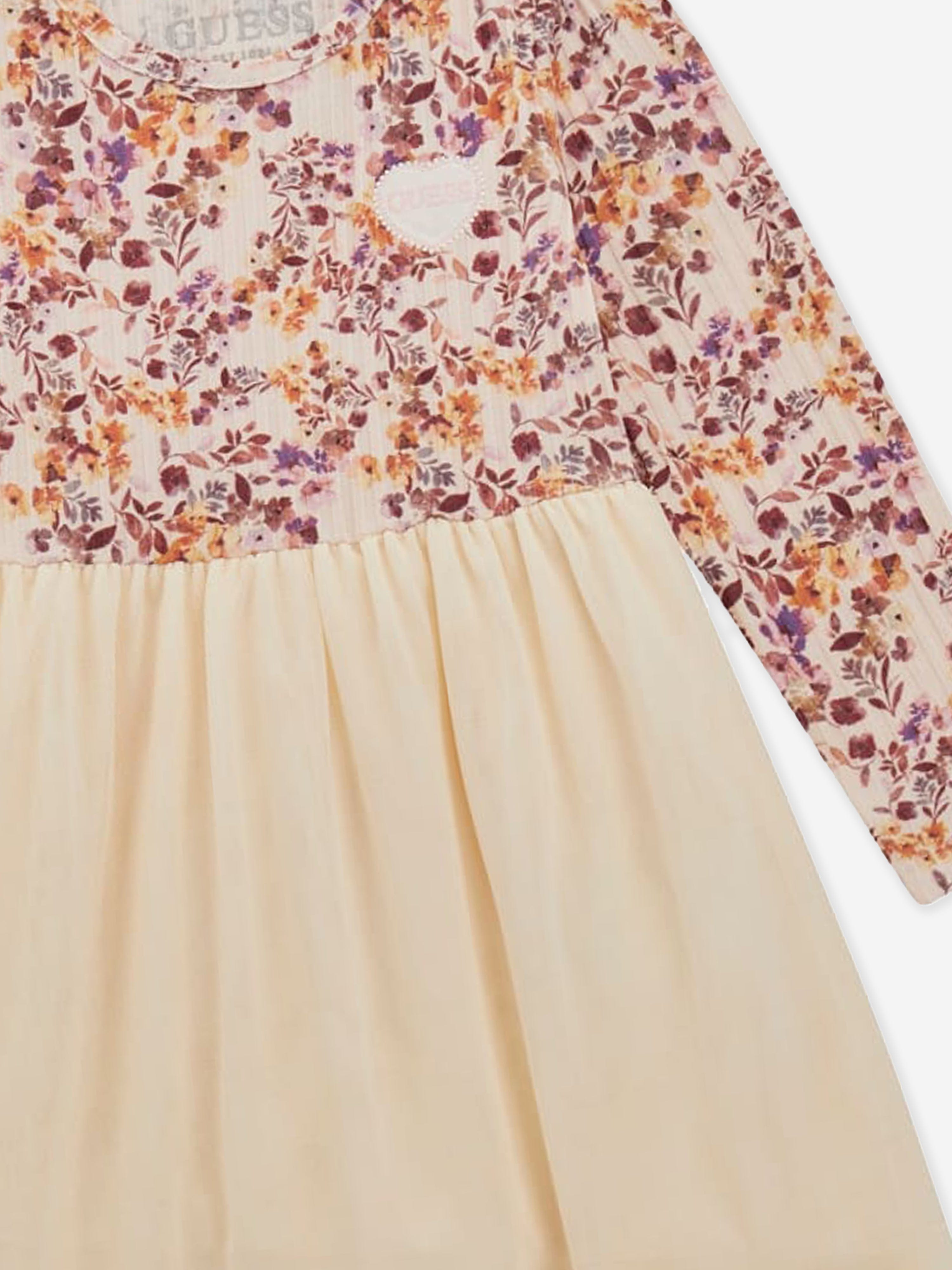Guess Girls Mixed Fabric Floral Dress in Multicolour Sale Hot Sale