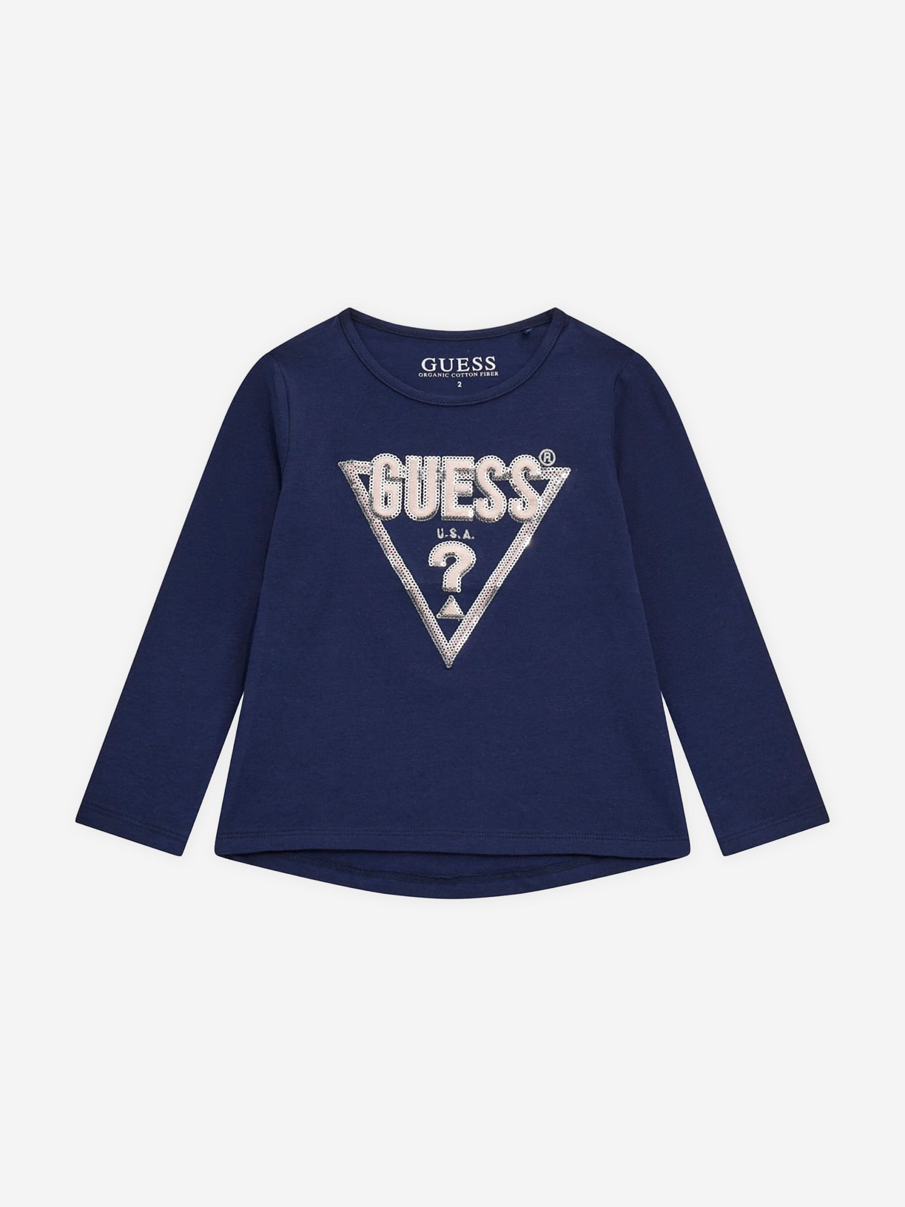 Guess Girls Long Sleeve Logo T-Shirt in Blue With Mastercard