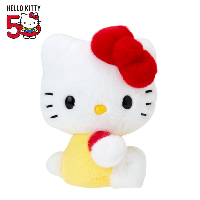 Hello Kitty 50th Anniv. Plush Mascot (Yellow Overalls) Authentic