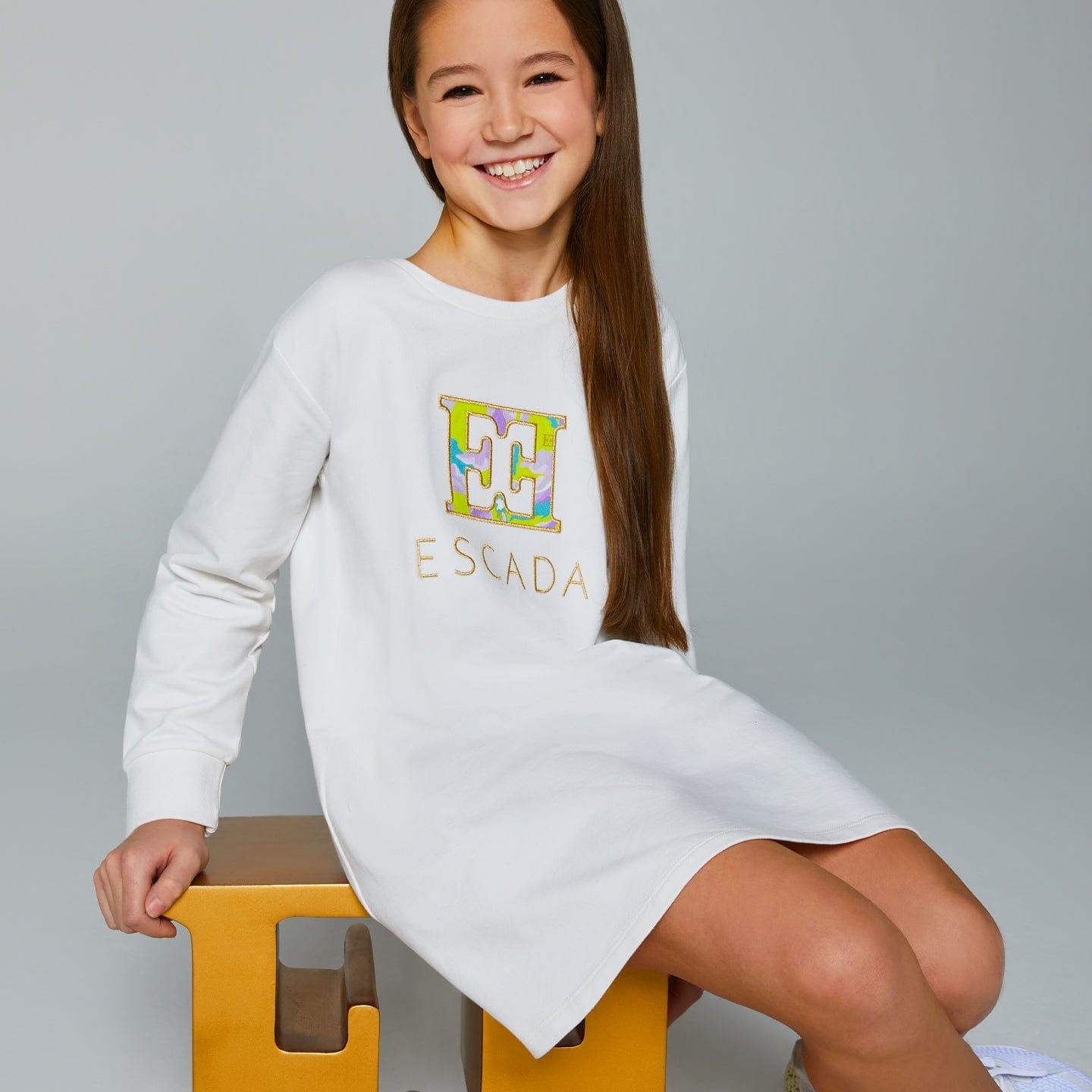 Escada Girls Embroidered Logo Sweater Dress in White Buy Cheap Manchester Great Sale