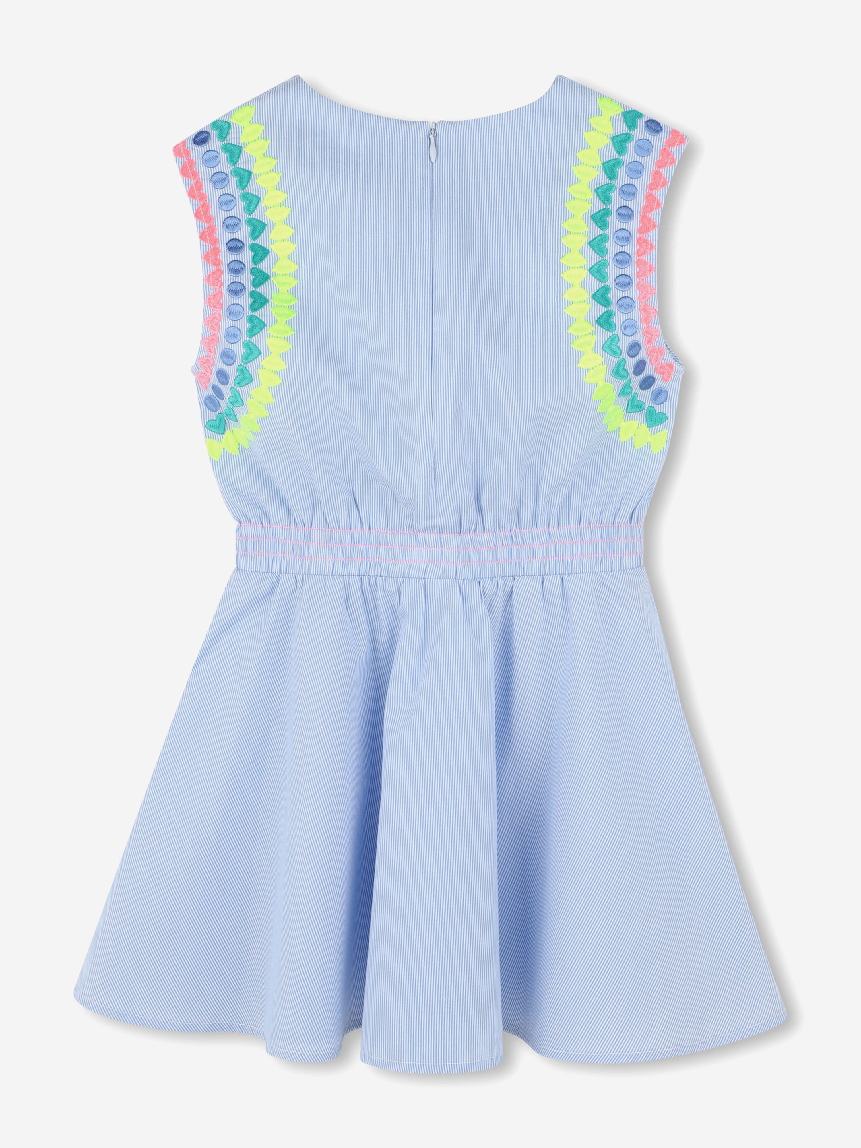 Girls Striped Embroidered Dress in Blue Cheap Sale Buy