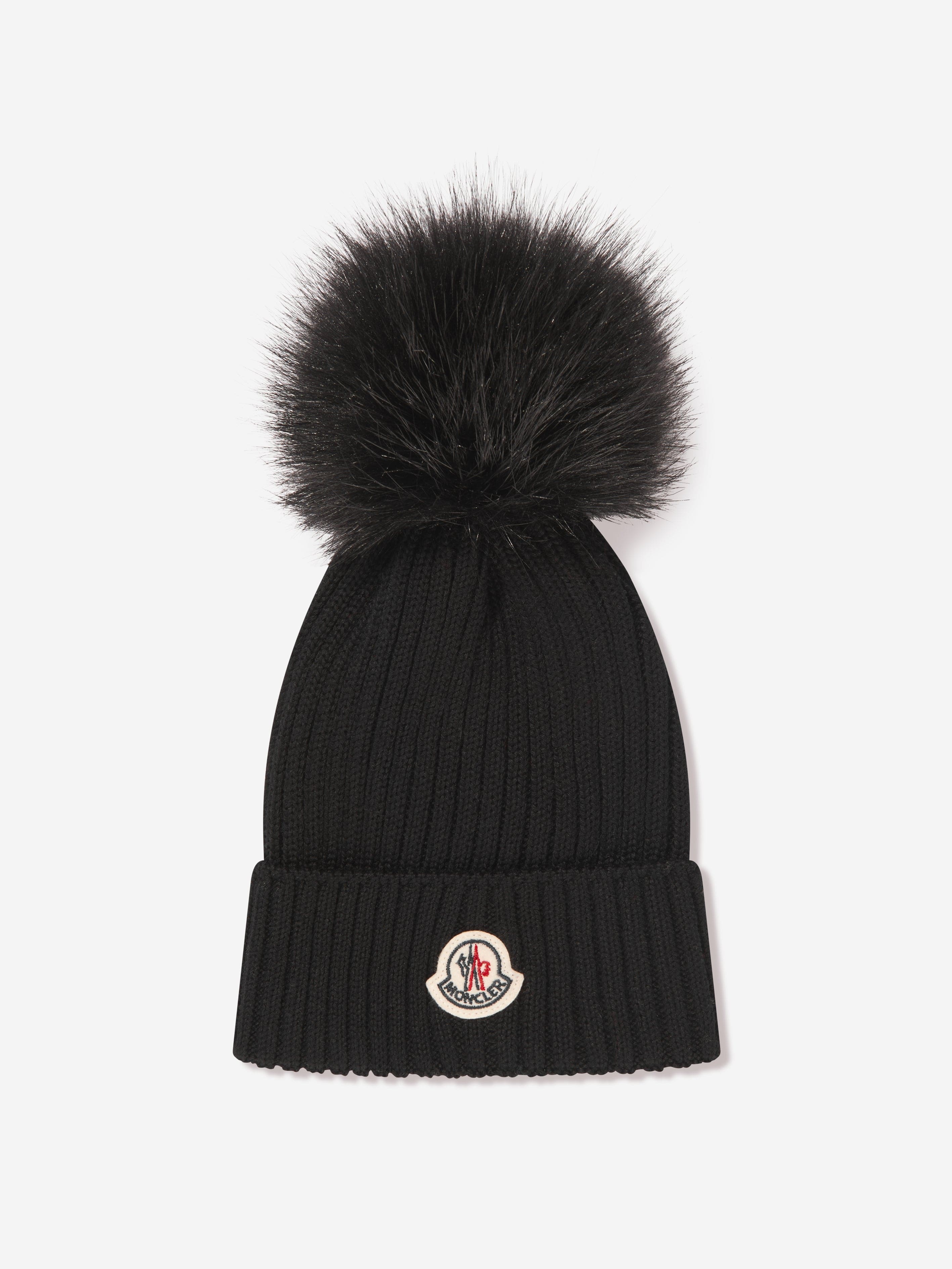 Moncler Enfant Girls Logo Pom Pom Hat in Black Fast Delivery For Sale