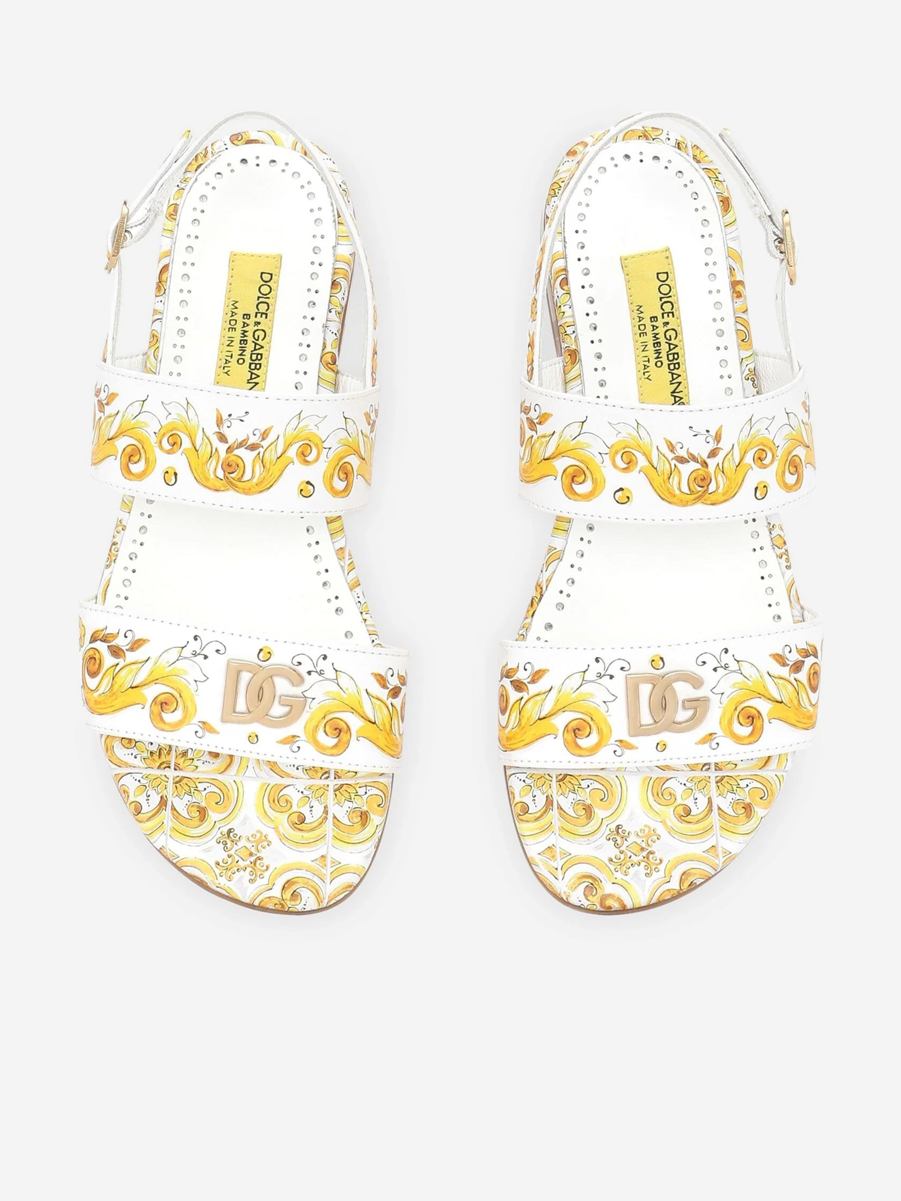 Dolce & Gabbana Girls Leather Maiolica Sandals in Yellow Discount Outlet Store