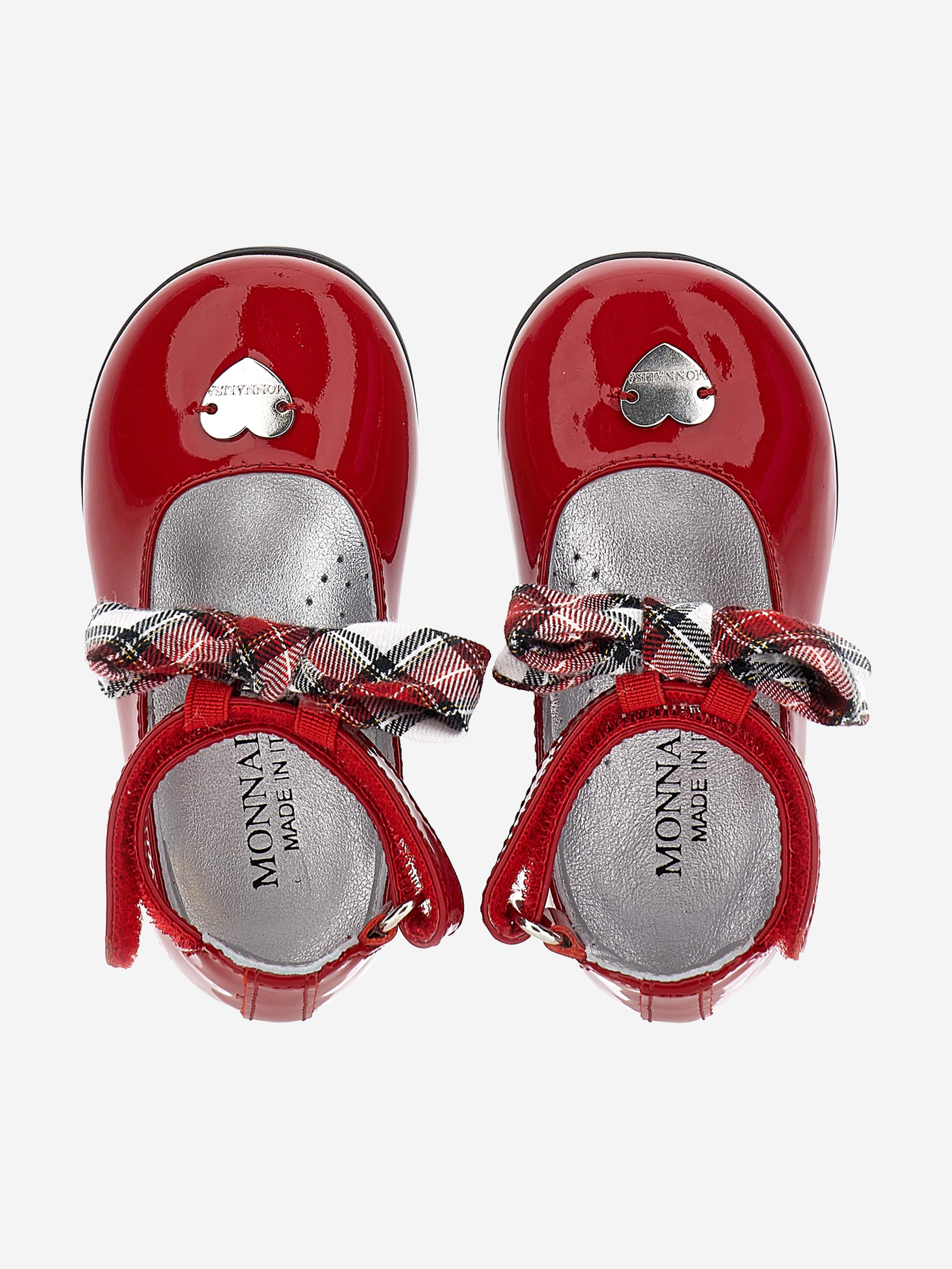 Monnalisa Girls Patent Leather Tartan Bow Shoes in Red For Nice