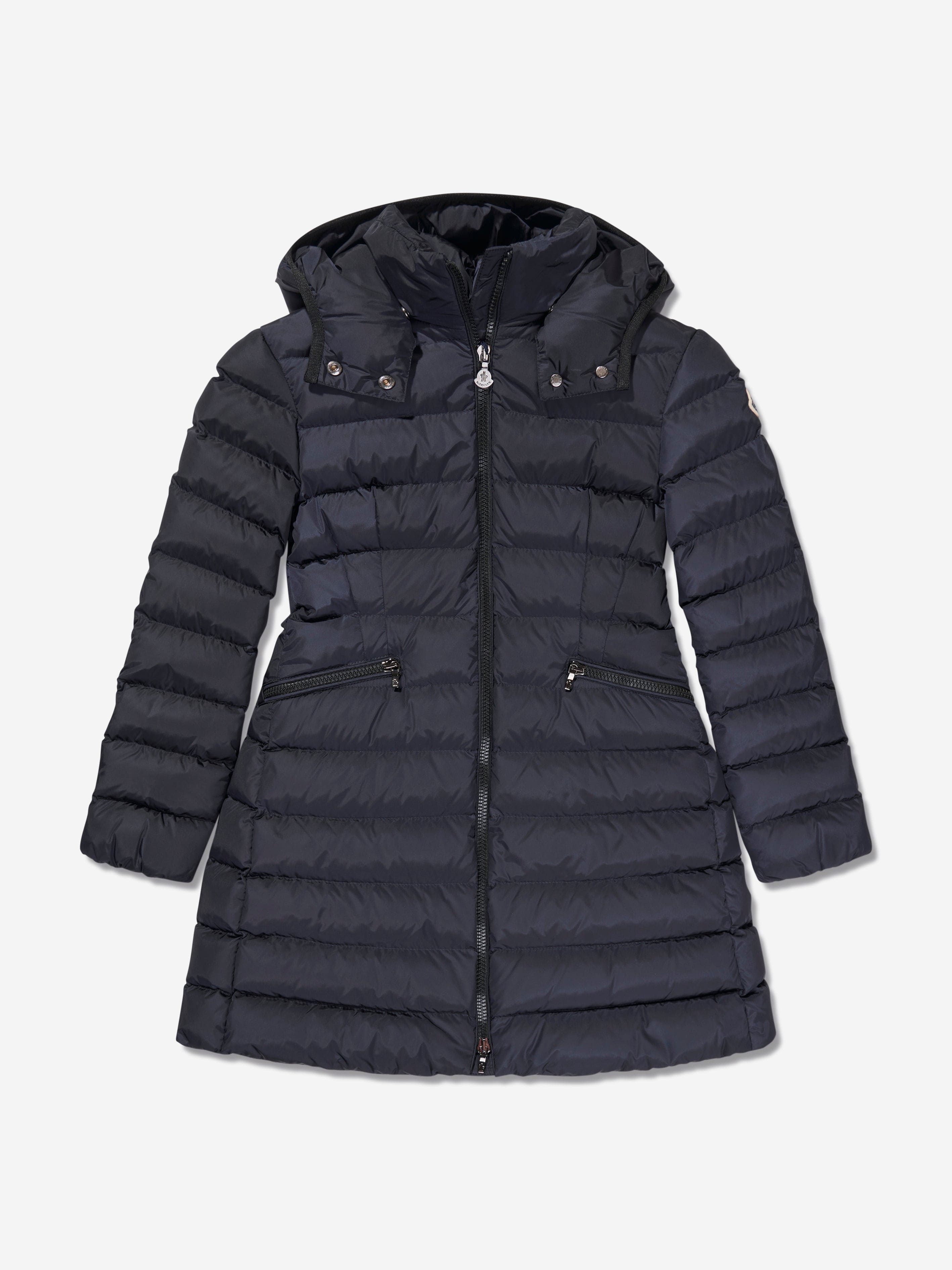Moncler Enfant Girls Down Padded Charpal Long Coat in Navy Inexpensive