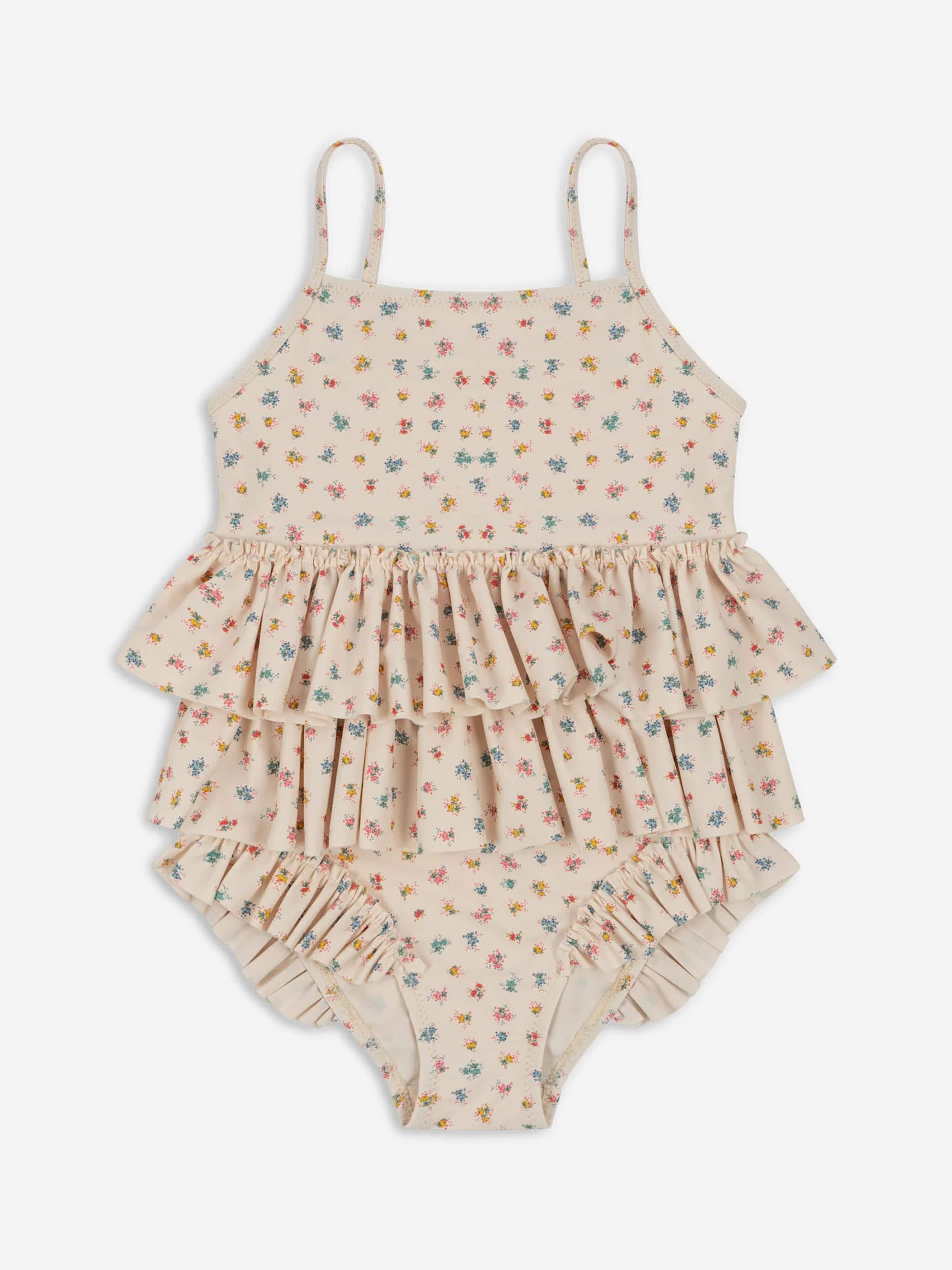 Konges Sljd Girls Bloomie Sprinkle Manuca Frill Swimsuit in Beige Excellent