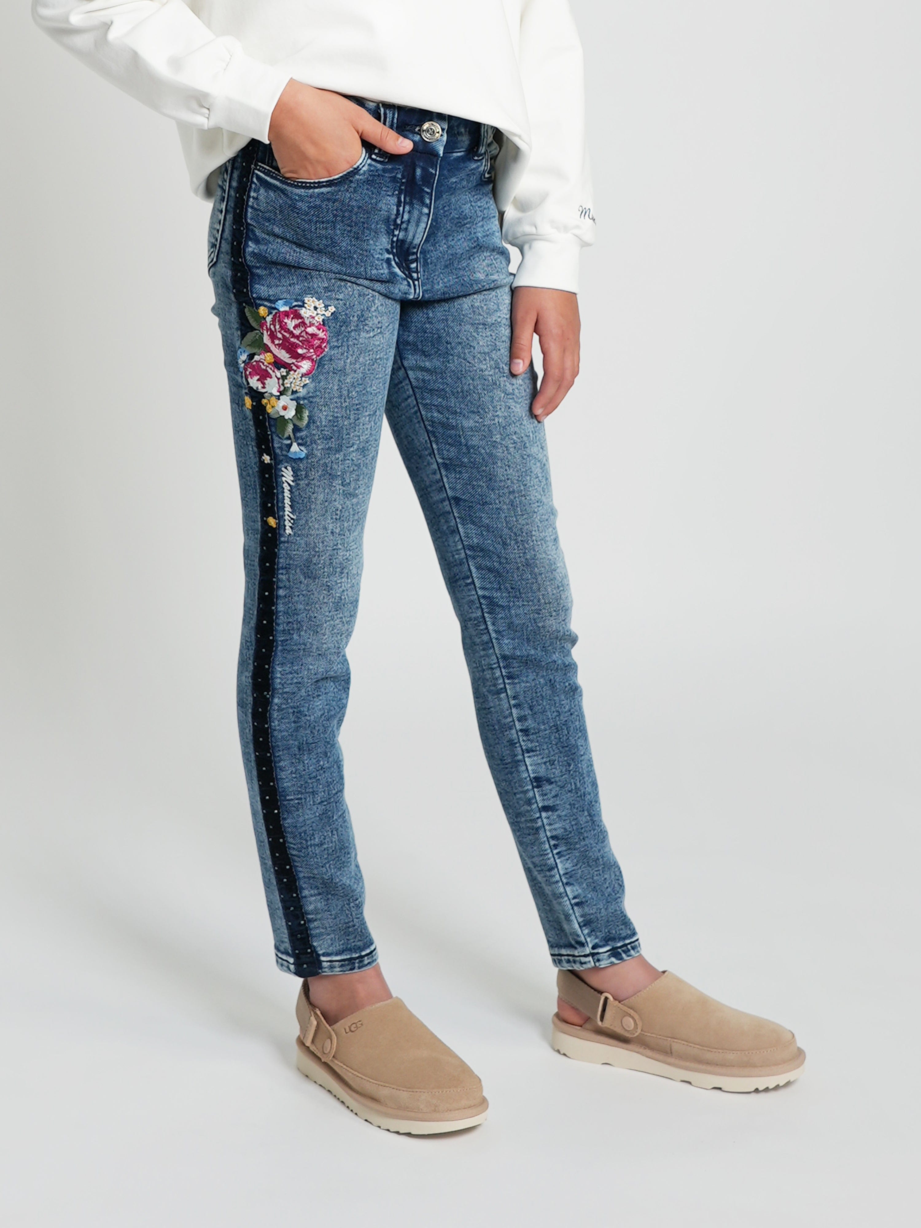 Monnalisa Girls Embroidered Denim Stretch Jeans in Blue Recommend Cheap Pice