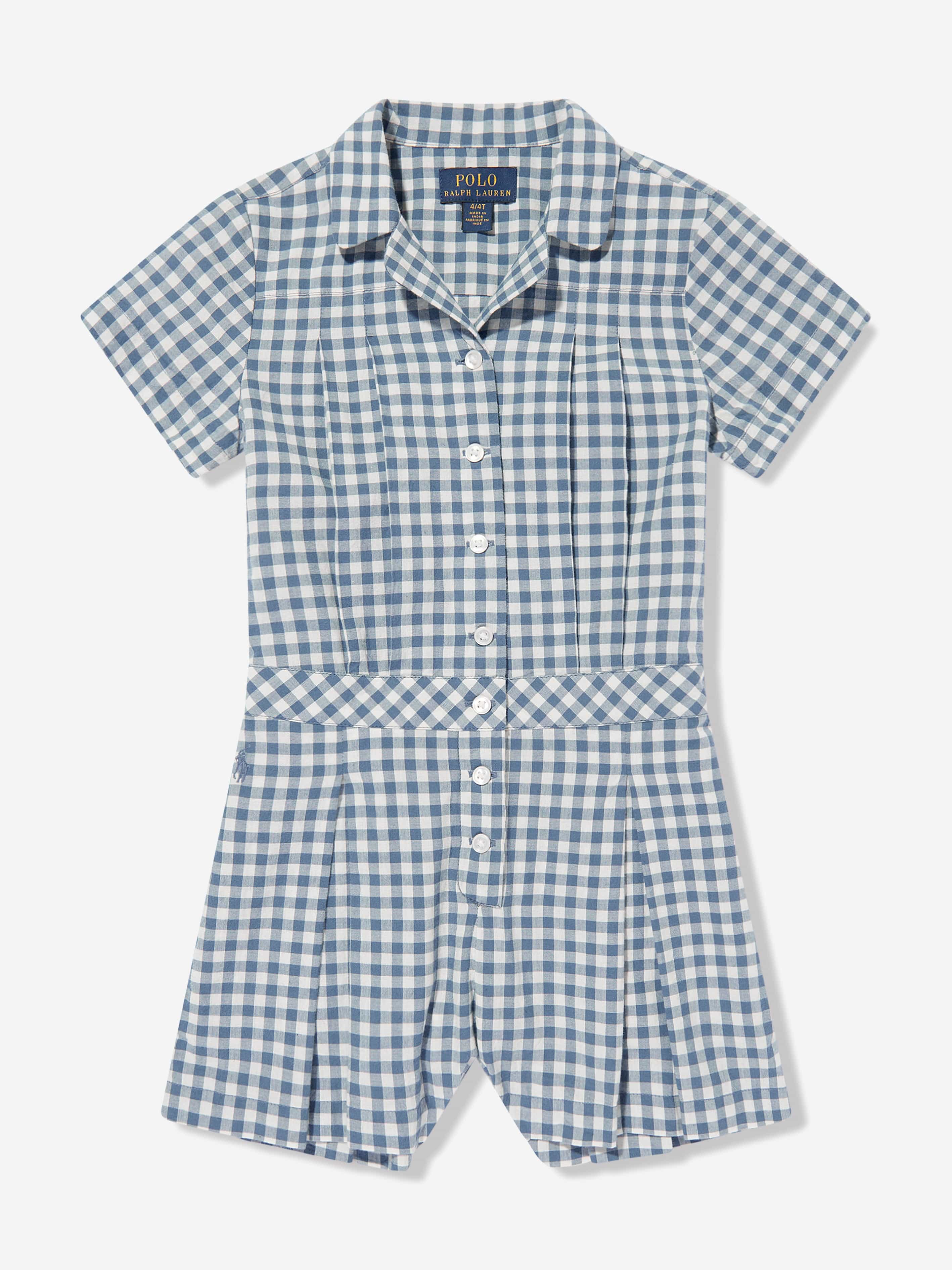 Ralph Lauren Girls Gingham Playsuit in Blue Sale Best
