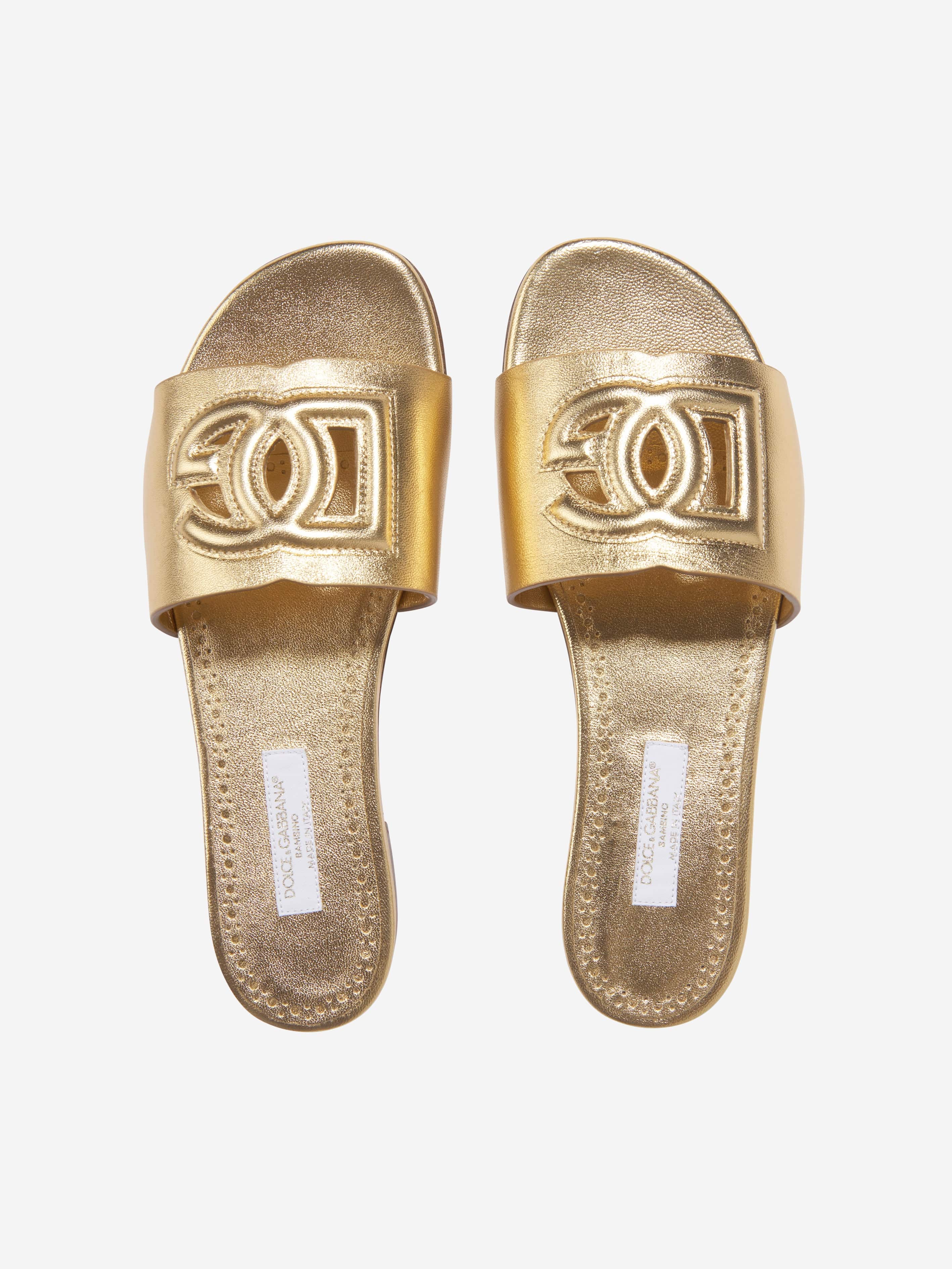 Dolce & Gabbana Girls Leather Logo Slider Sandals In Gold Sale Cheap Pice