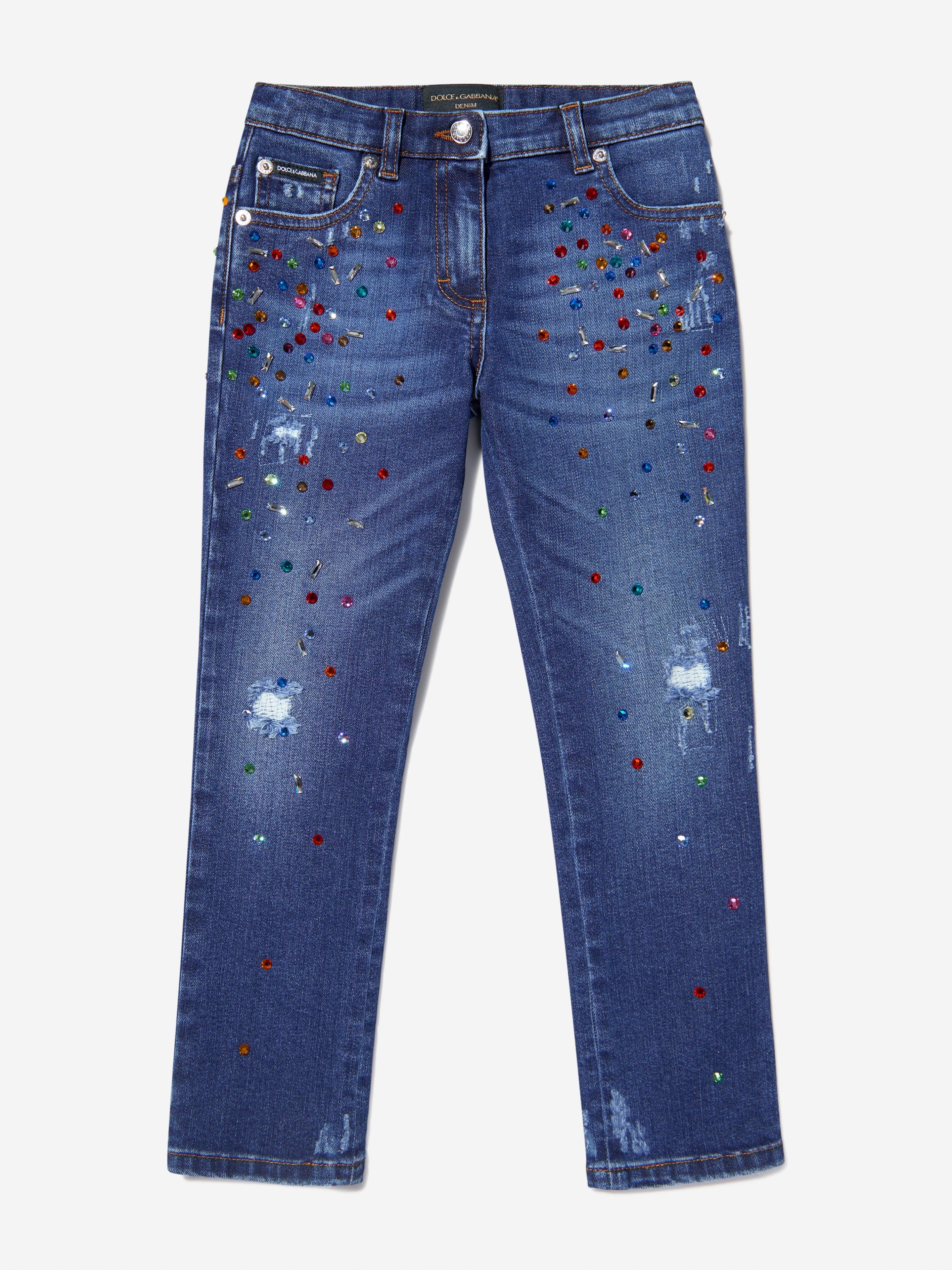 Dolce & Gabbana Girls Cotton Worn Look Embellished Jeans Free Shipping For Nice
