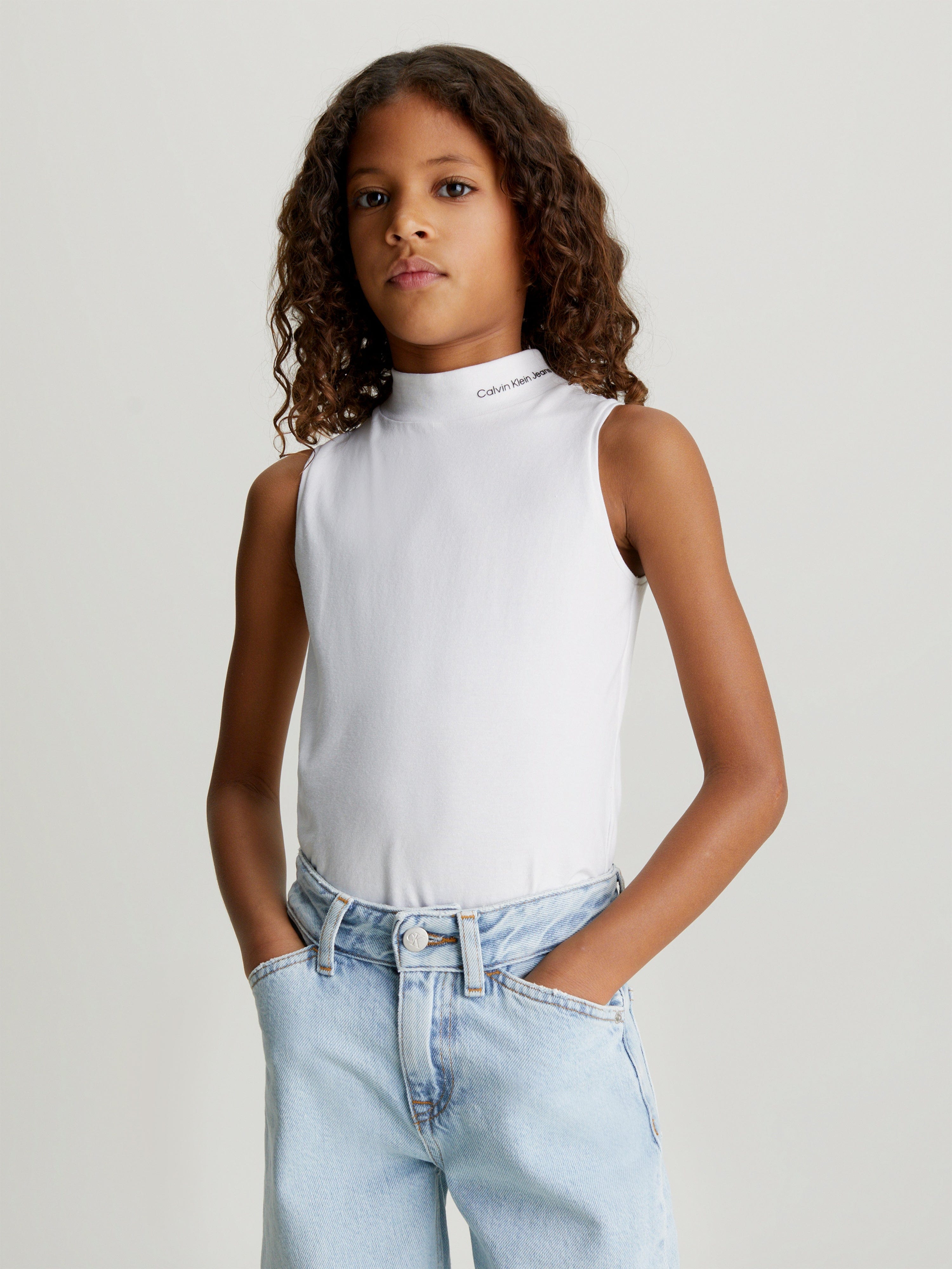 Calvin Klein Girls CKJ Logo Mockneck Tank Top in White Clearance Pictures