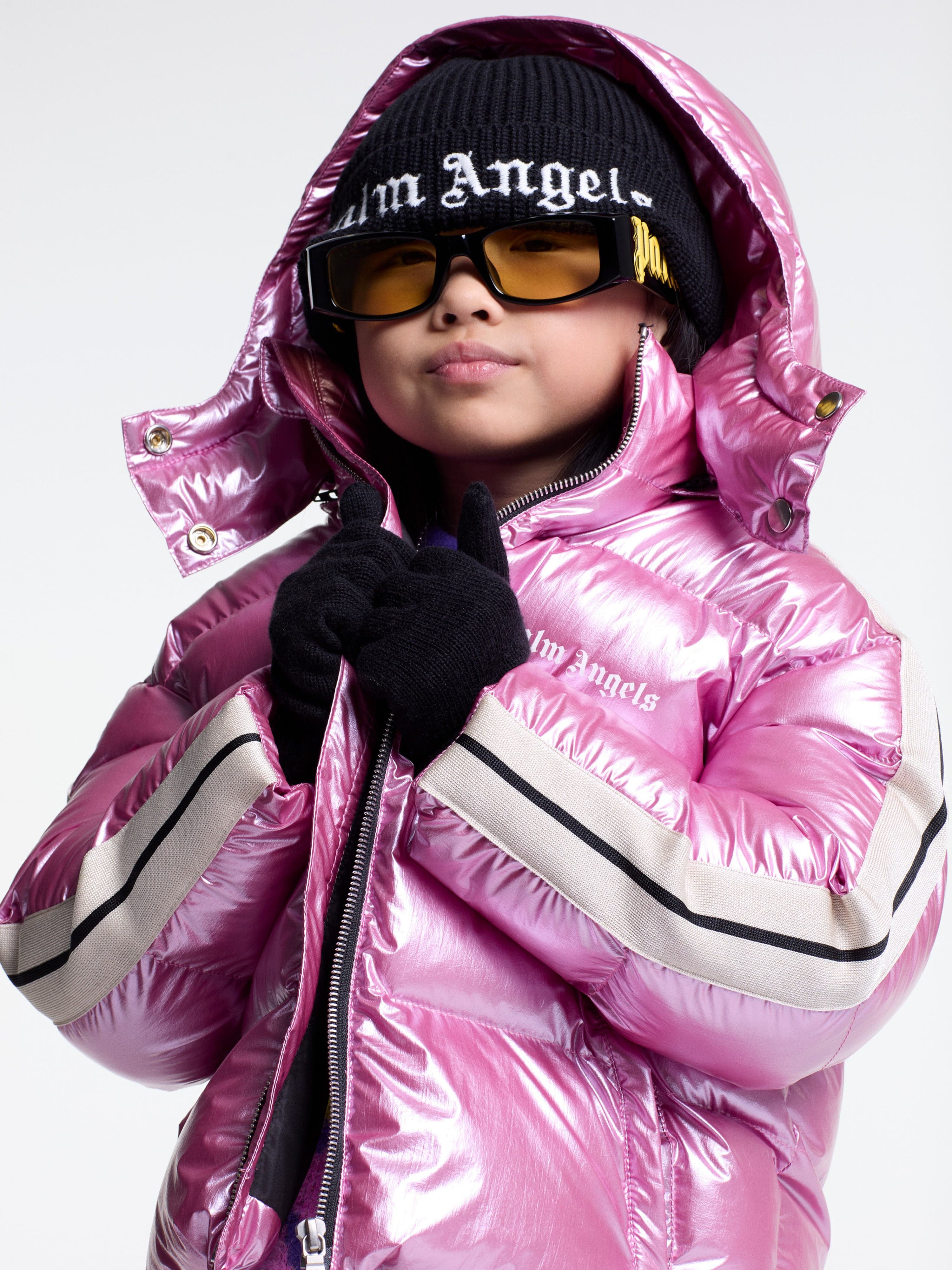 Palm Angels Girls Shiny Track Hooded Puffer Jacket in Pink Outlet For Sale