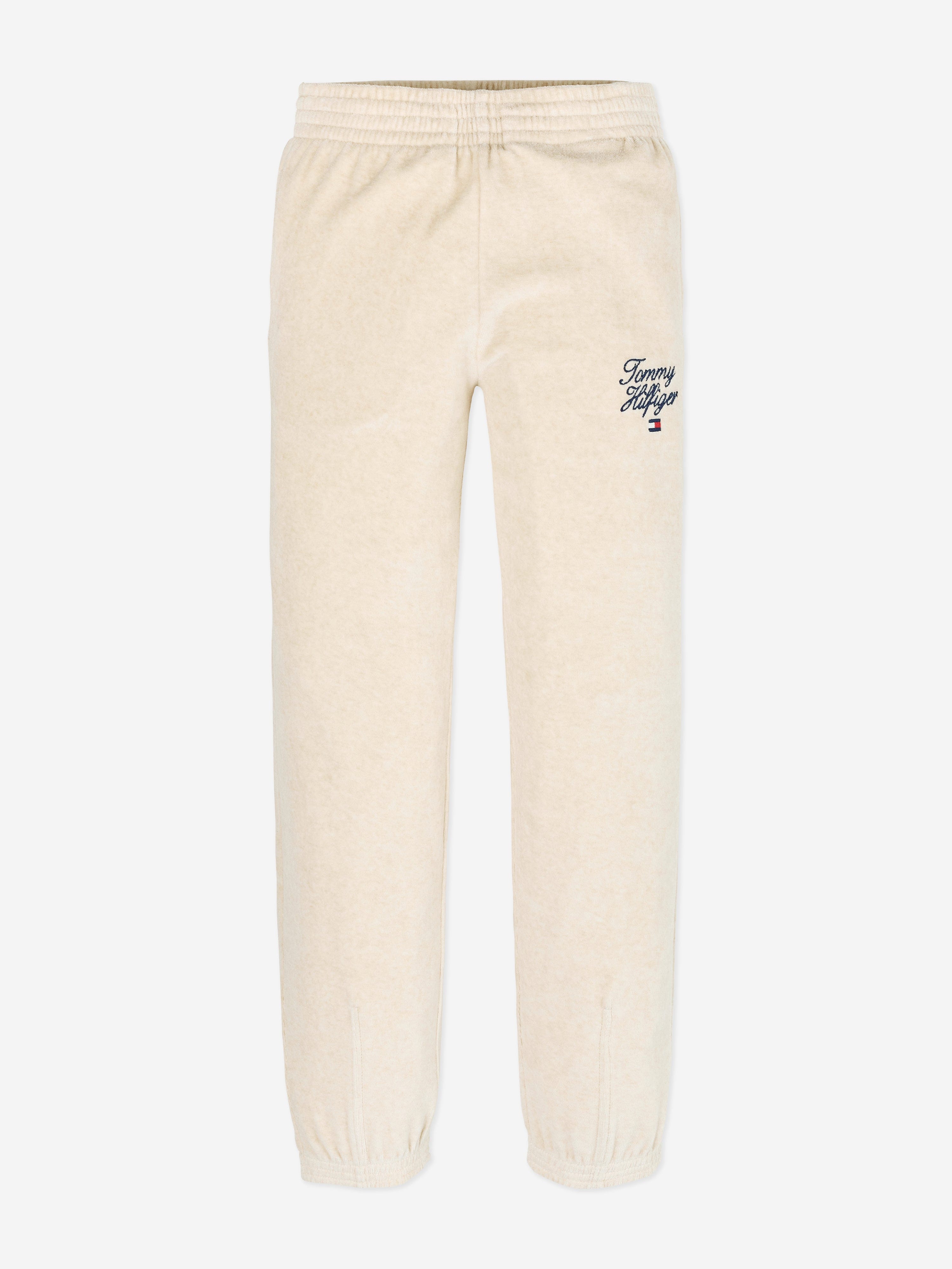 Tommy Hilfiger Girls Script Logo Velour Pants in Beige For Cheap Pice