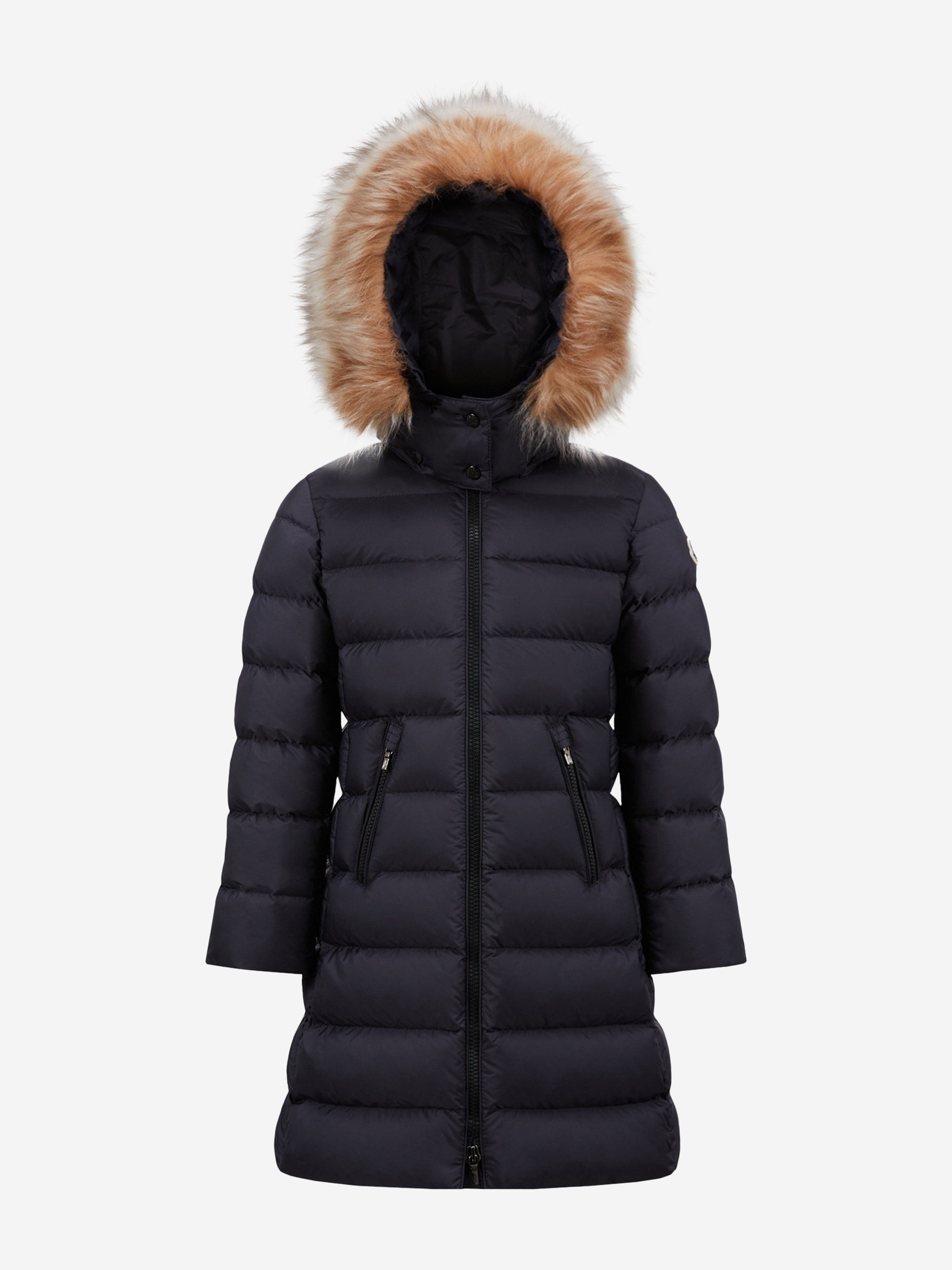Moncler Enfant Girls Abelle Hooded Shearling Down Coat in Navy Discount Recommend