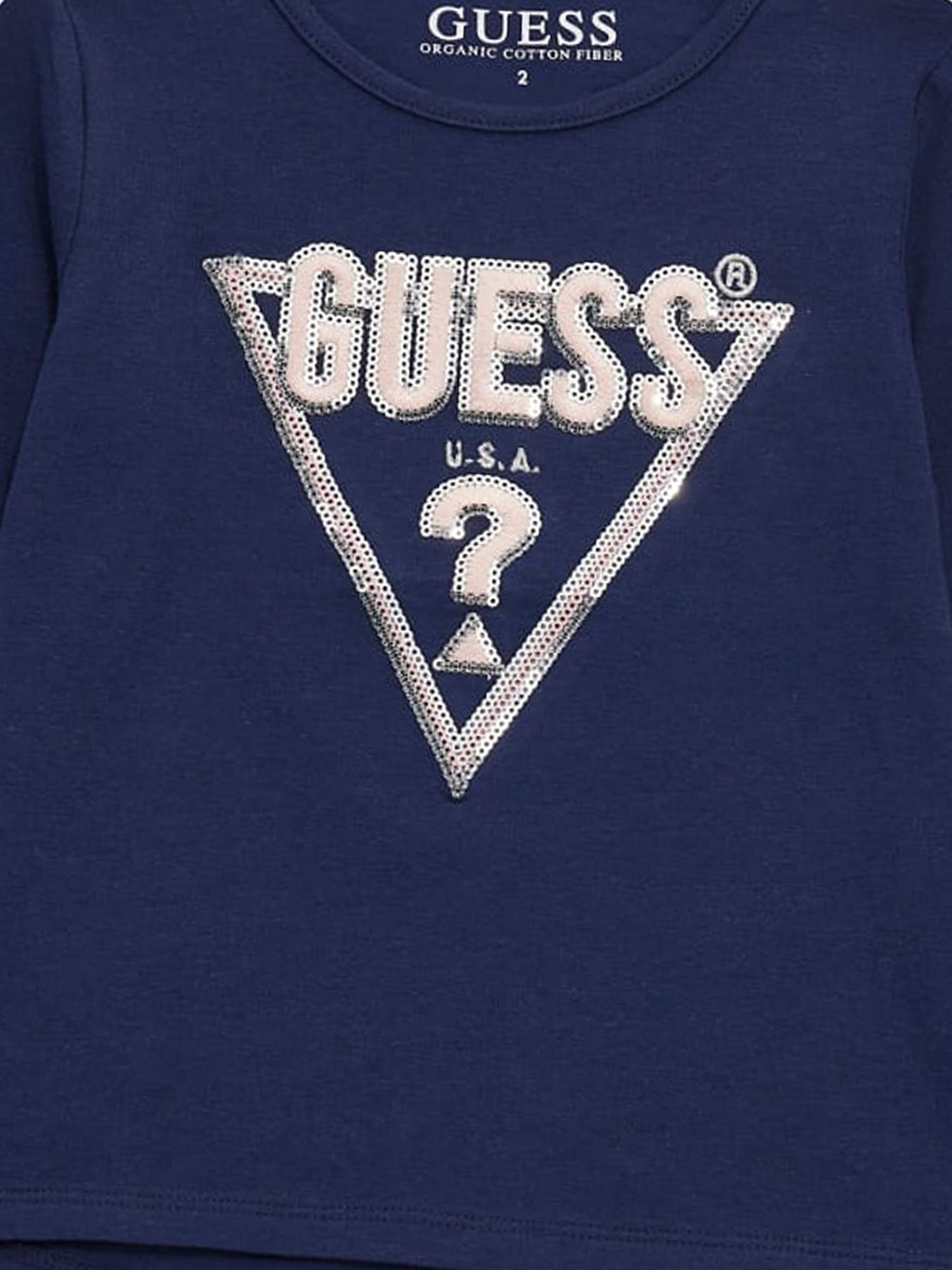 Guess Girls Long Sleeve Logo T-Shirt in Blue With Mastercard