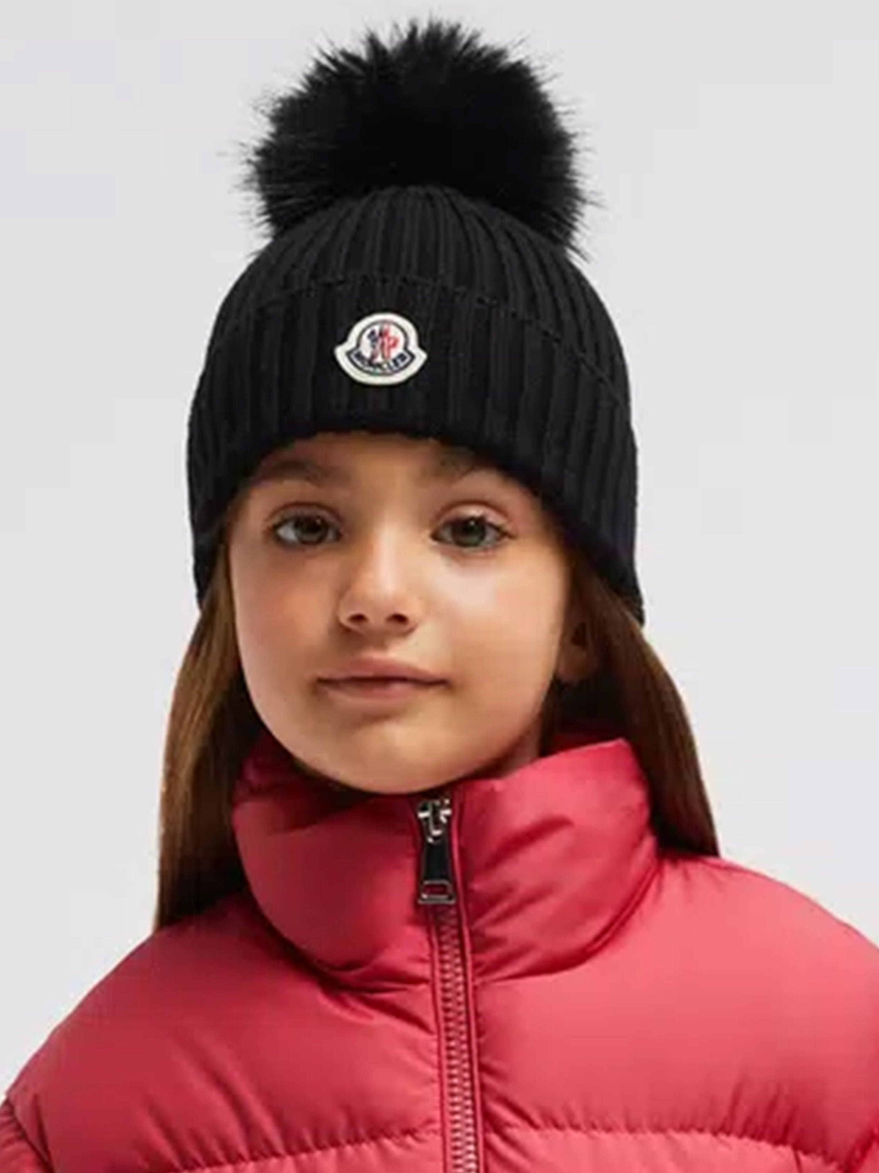 Moncler Enfant Girls Wool Pom Pom Hat in Black Store Sale