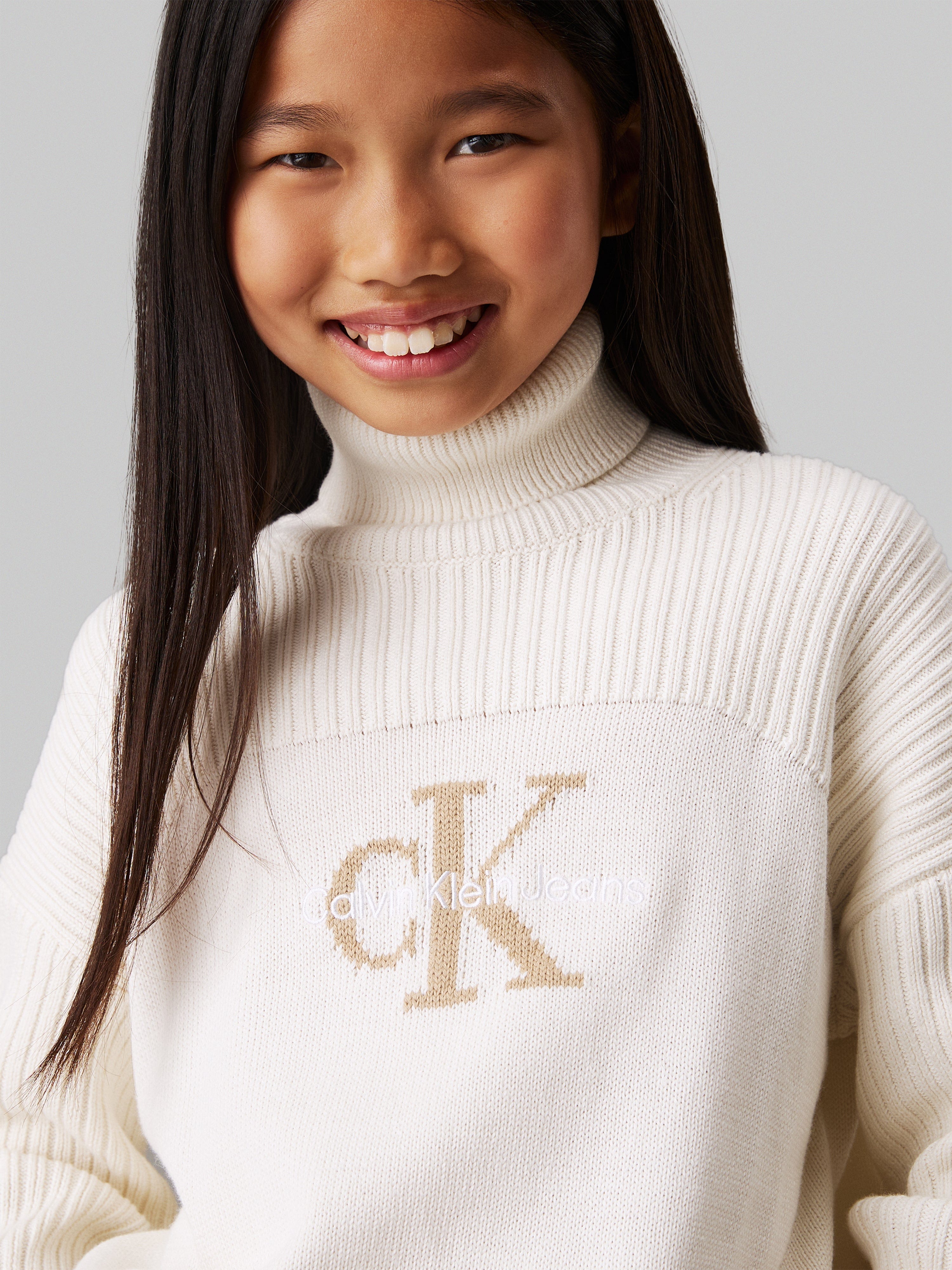 Calvin Klein Girls Logo Rollneck Sweater in Ivory Exclusive Online