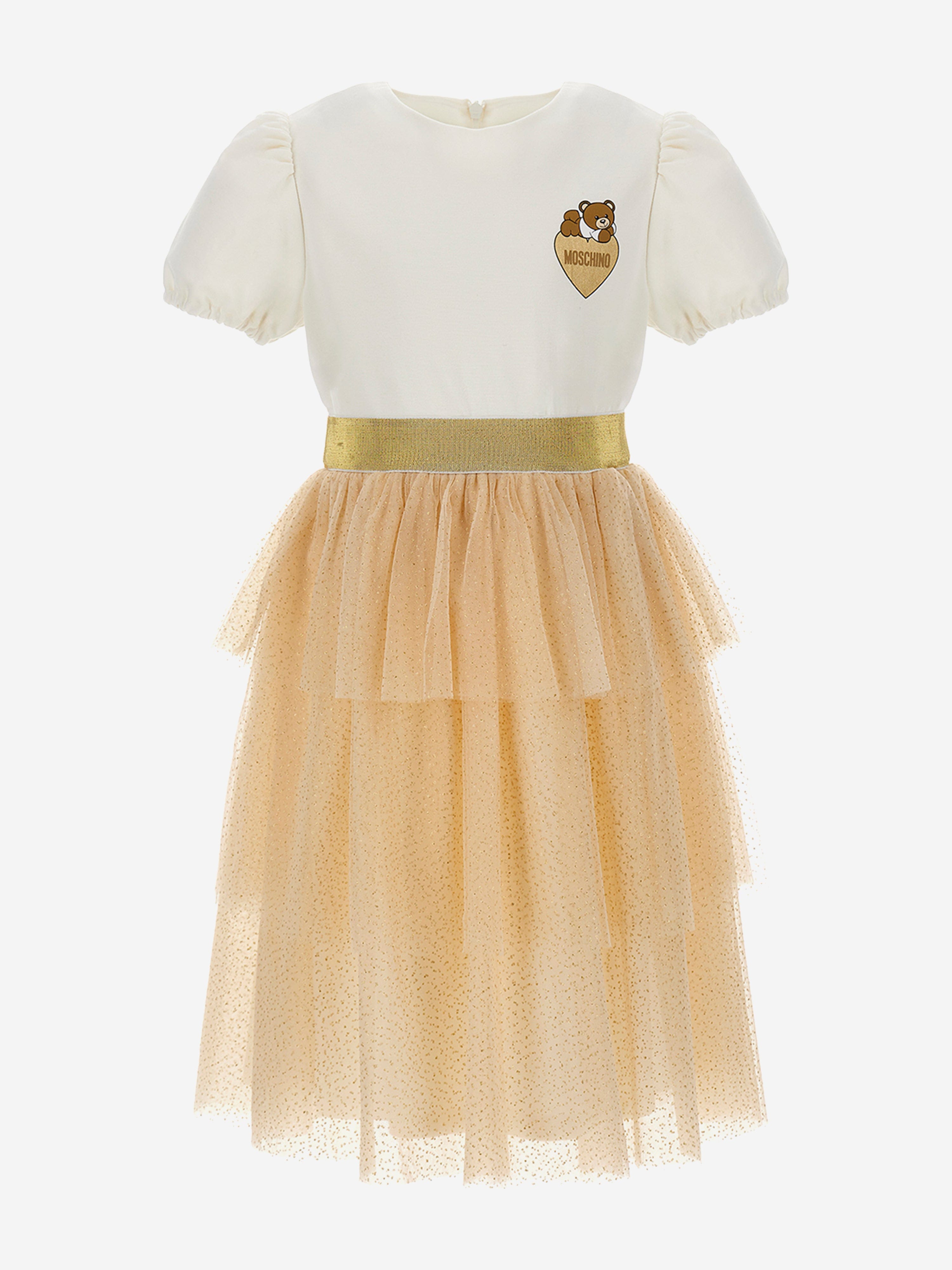 Moschino Girls Bear Logo Ruffle Dress in Ivory Cheap Sale Best Wholesale