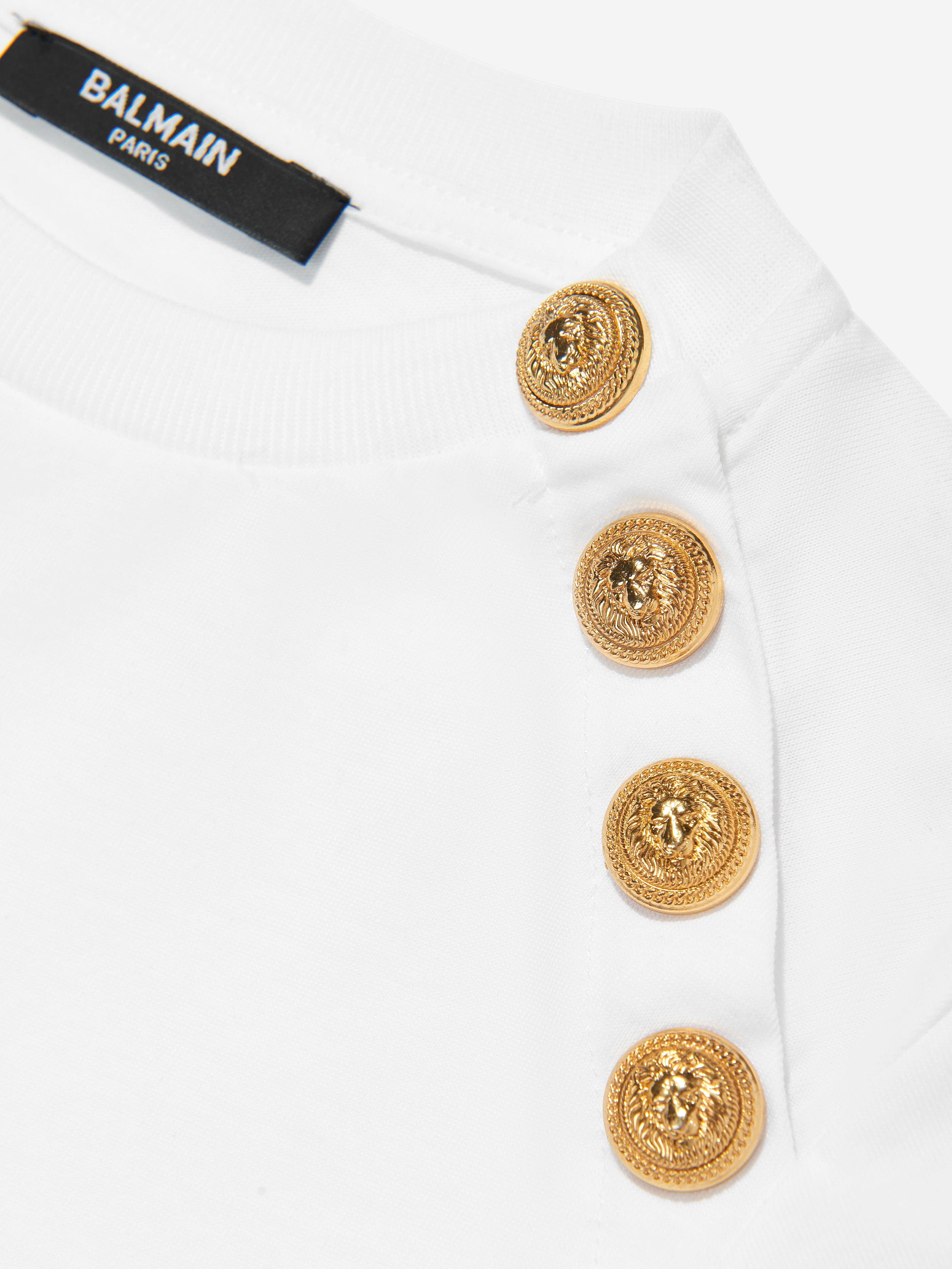 Balmain Girls Buttoned Logo T-Shirt in White Online Online Cheap Online