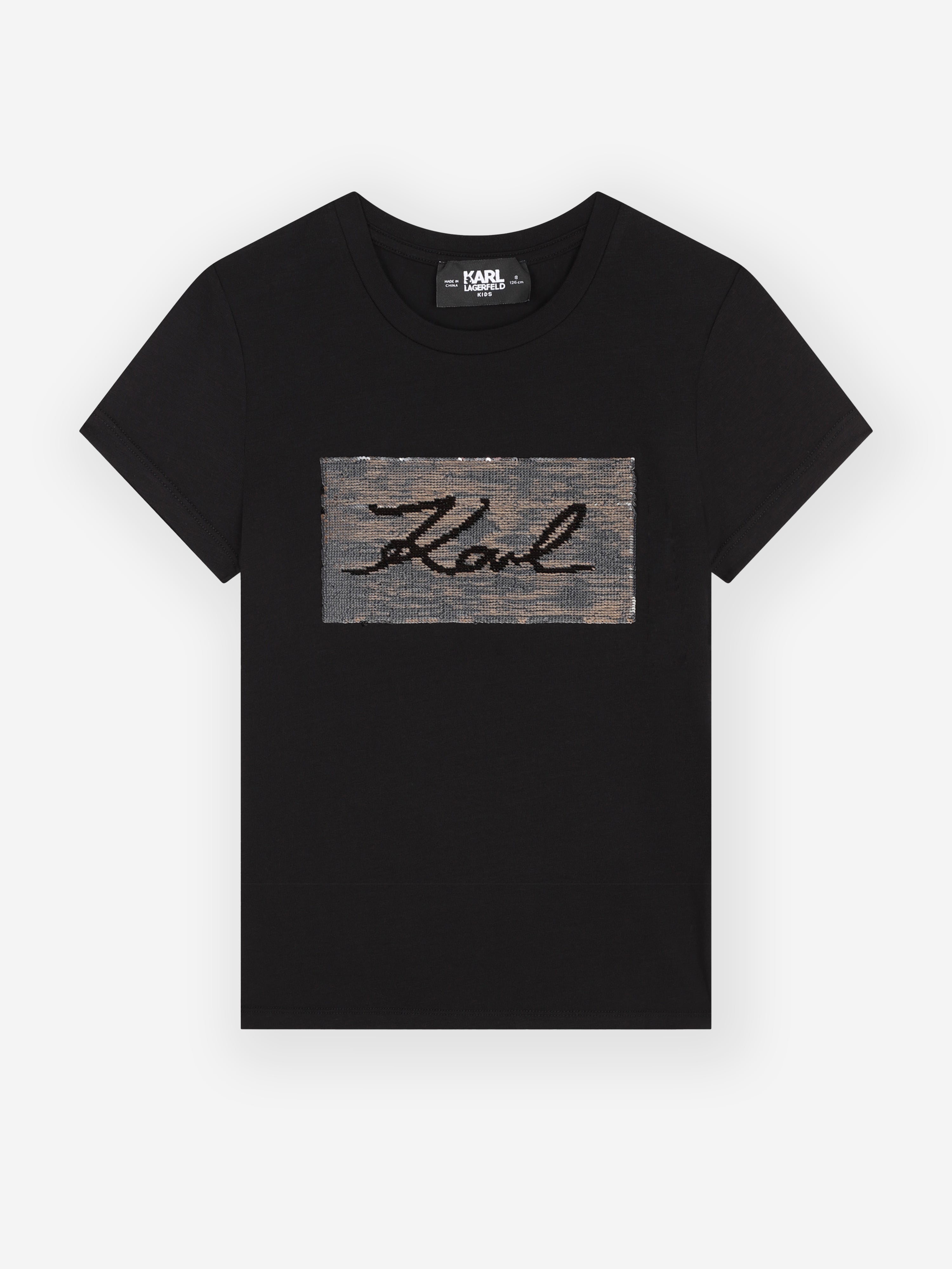 Karl Lagerfeld Girls Reversible Sequin Logo T-Shirt in Black Cheap Sale Big Discount