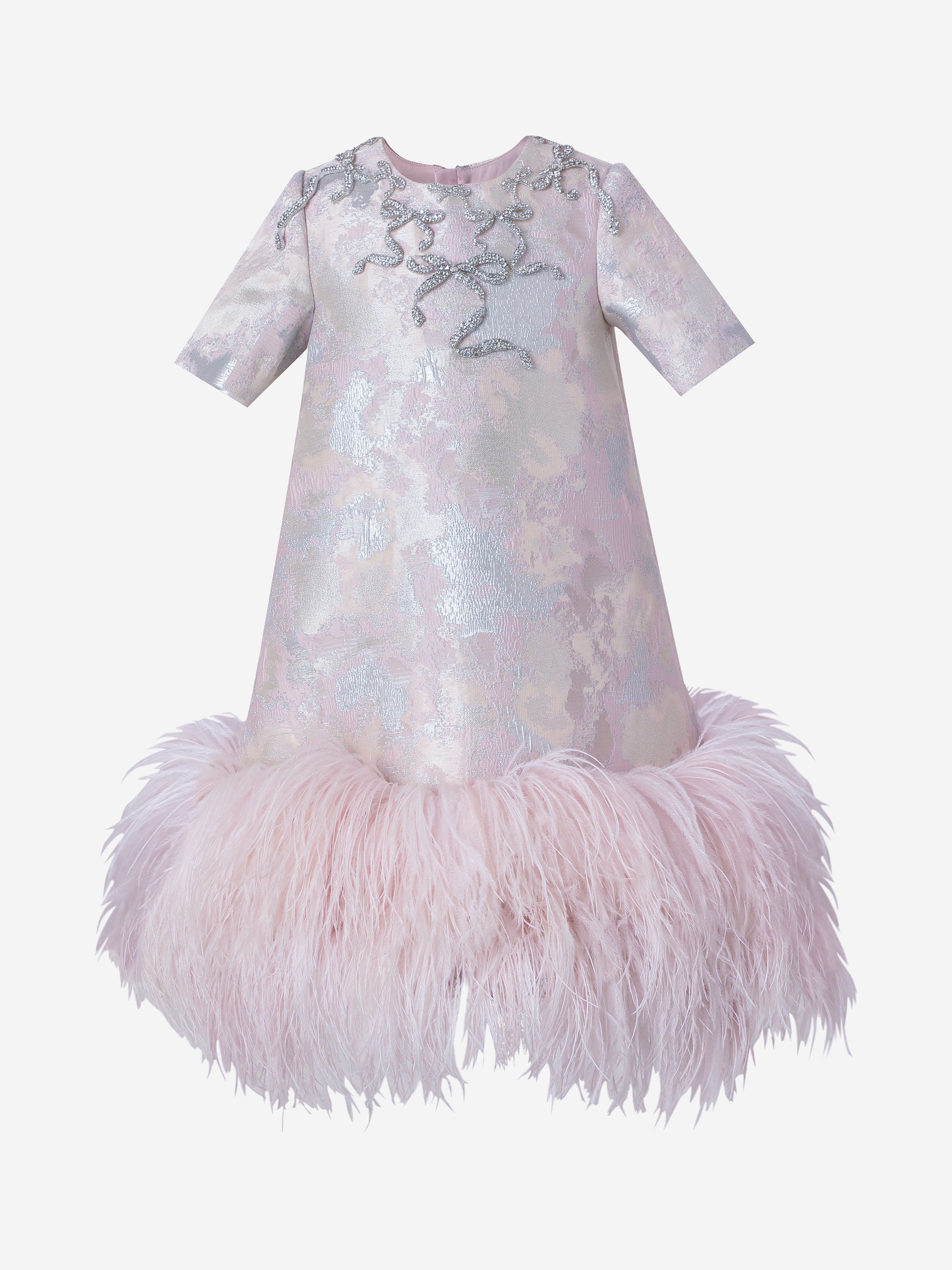 Maison Ava Girls Elodie Brocade Feather Trim Dress in Pink Largest Supplier For Sale
