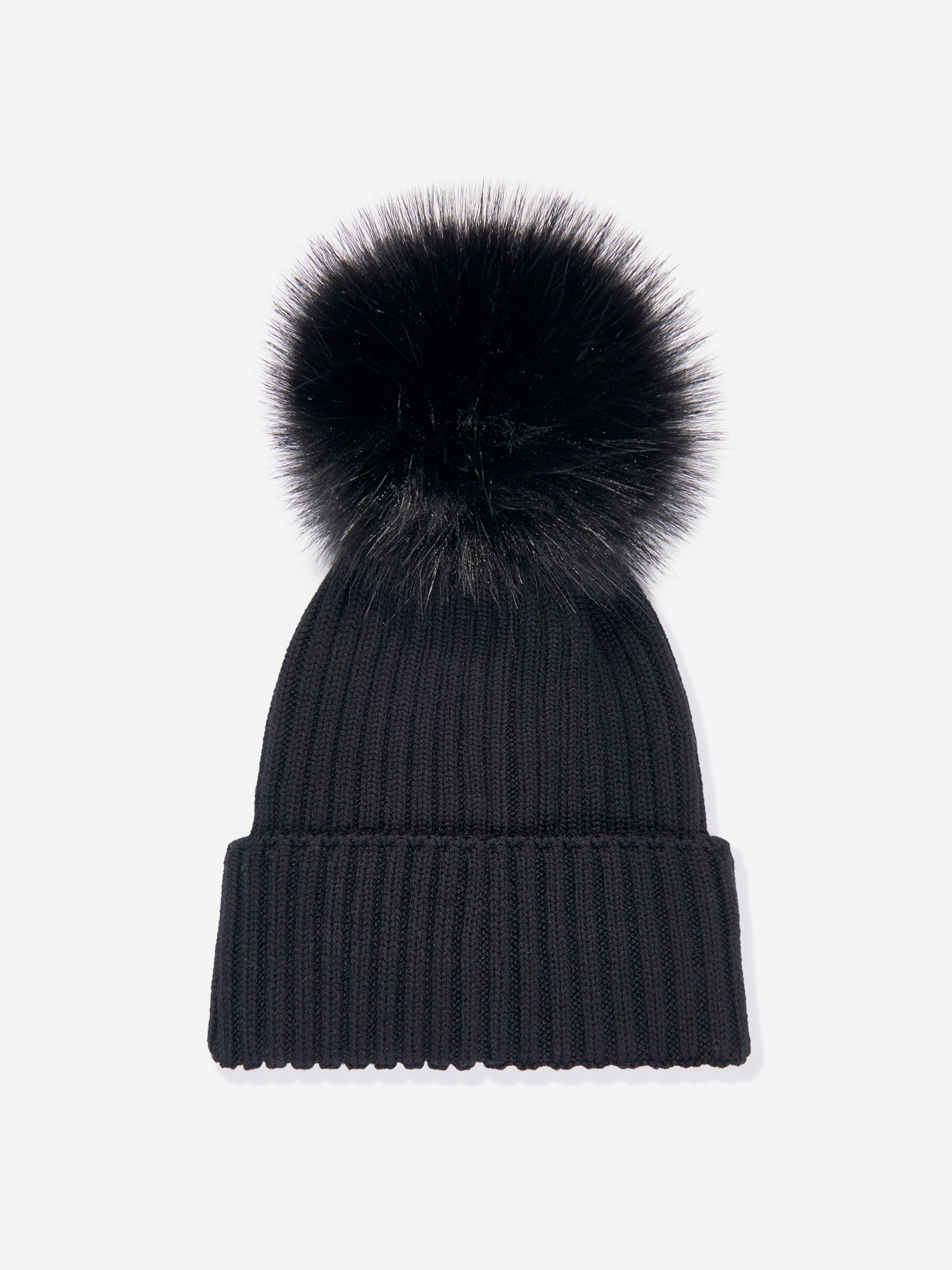Moncler Enfant Girls Wool Pom Pom Hat in Black Store Sale