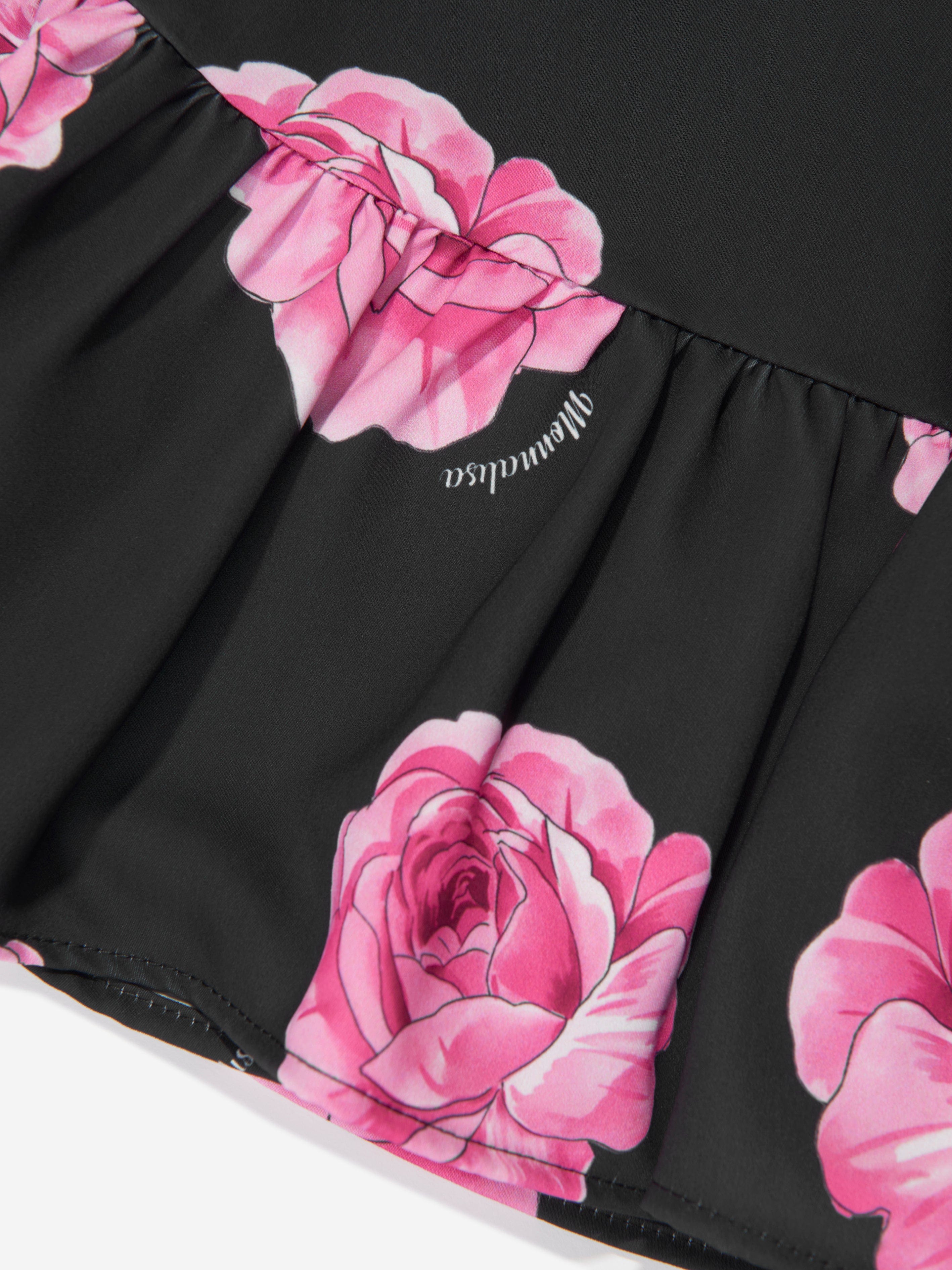 Monnalisa Girls Floral Dropped Hem Dress in Black Pices Online