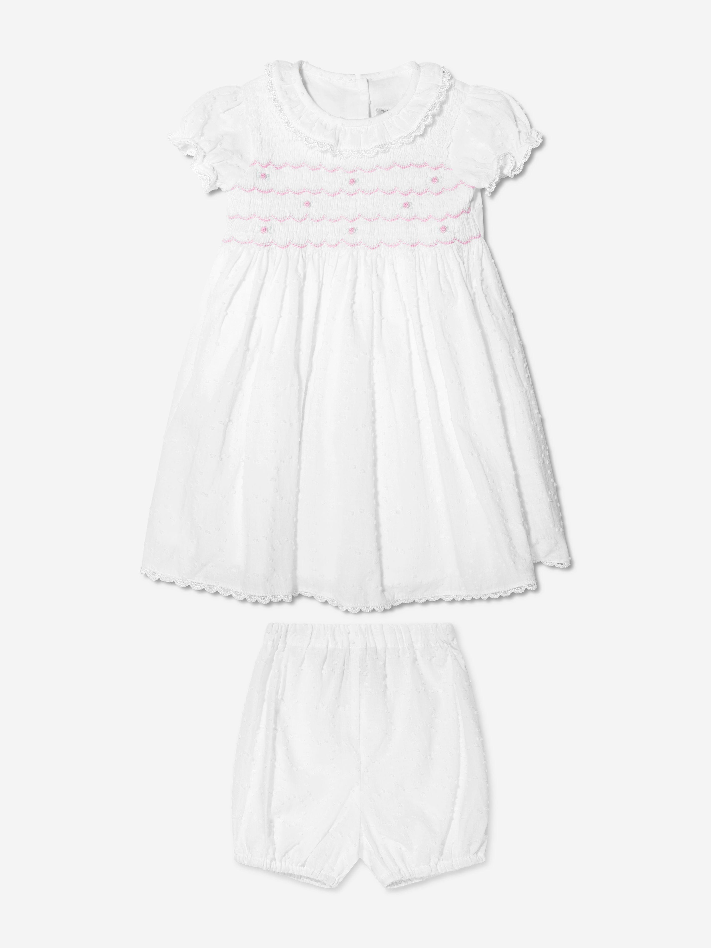 Rachel Riley Baby Girls Swiss Dot Smocked Dress And Bloomers in Ivory Discount Manchester