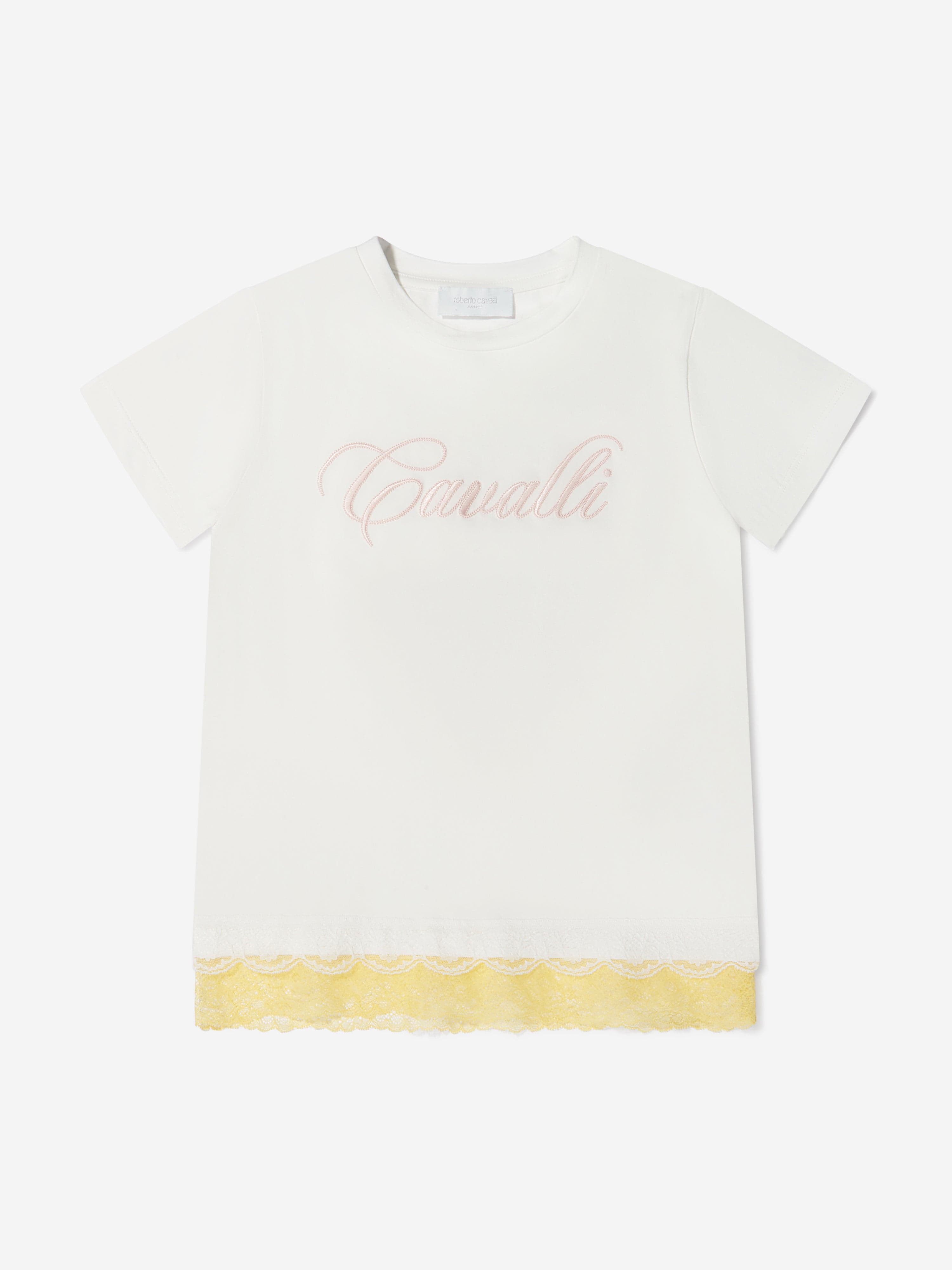 Roberto Cavalli Girls Cotton Logo T-Shirt With Lace Hem Wiki Sale Online