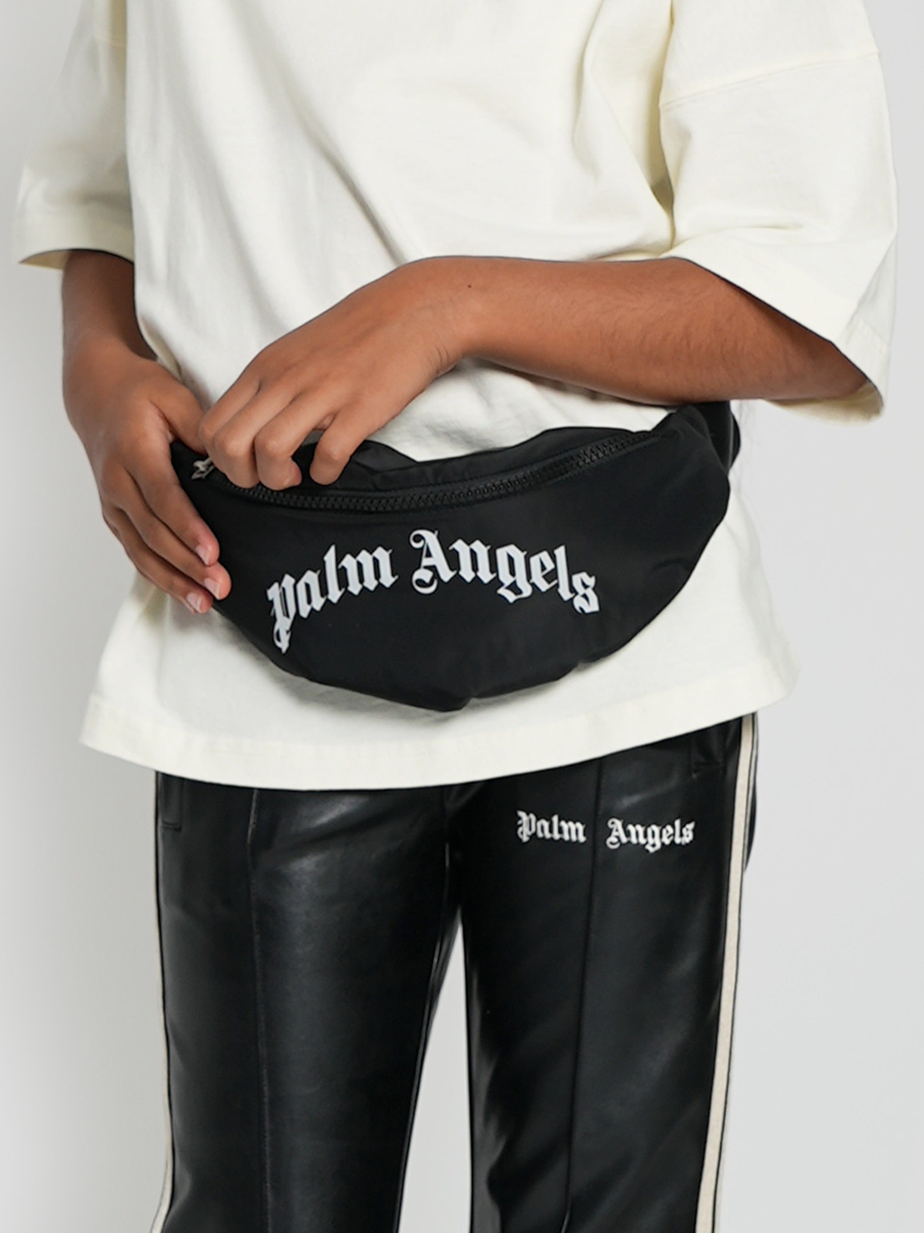 Palm Angels Boys Curved Logo Belt Bag in Black (23cm) Discount Store