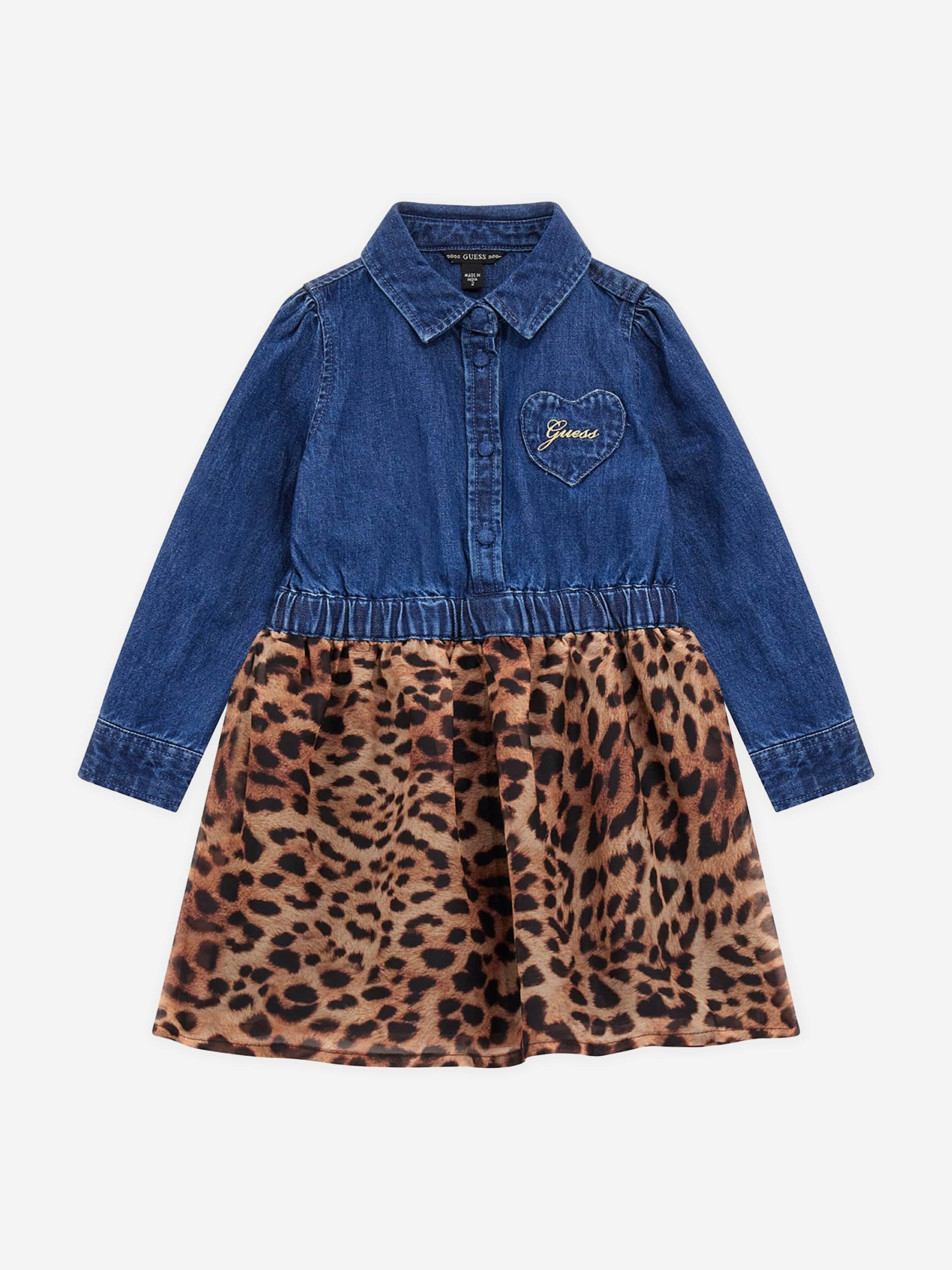 Guess Girls Denim And Leopard Dress in Blue Sale Shop