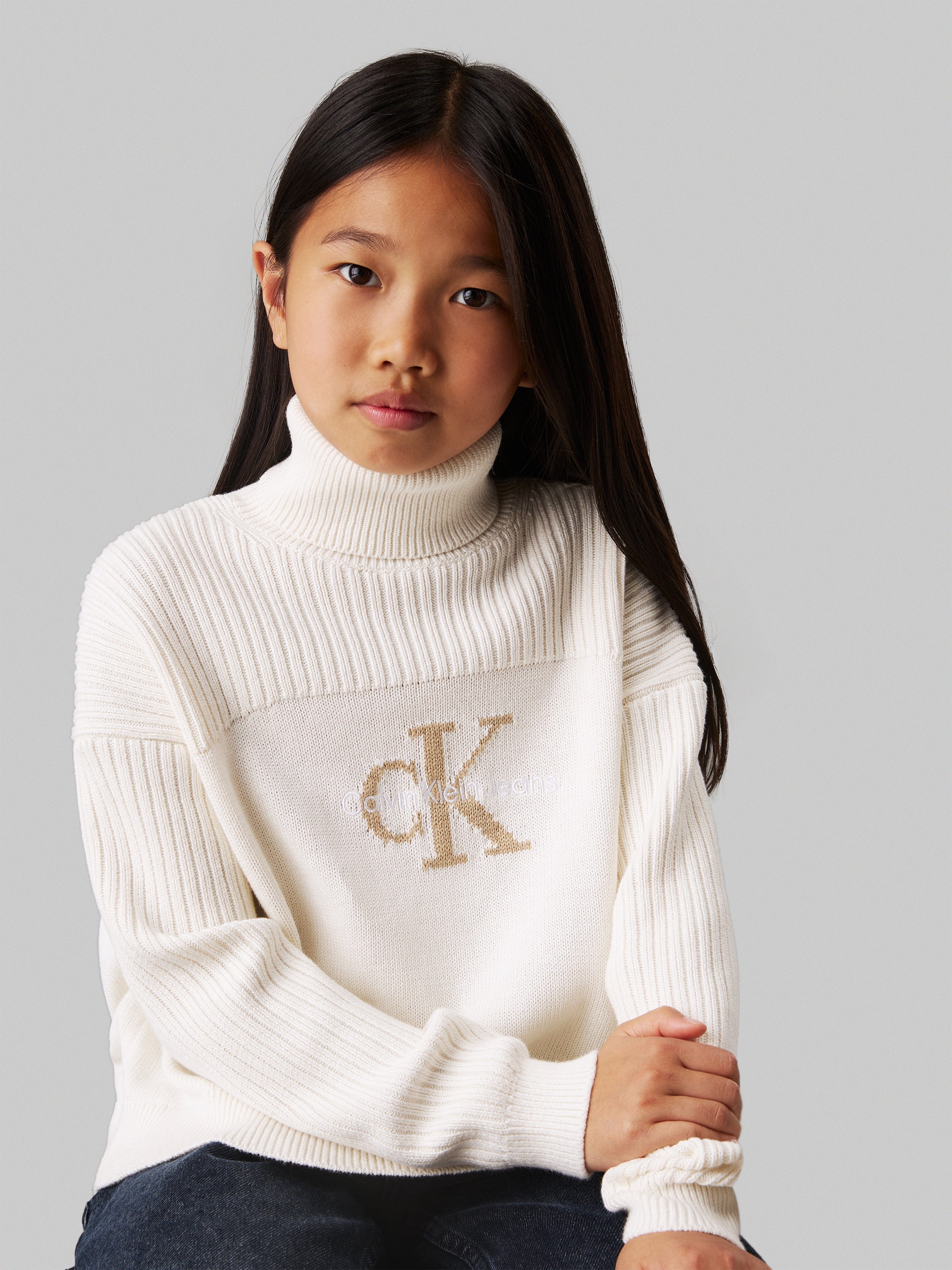 Calvin Klein Girls Logo Rollneck Sweater in Ivory Exclusive Online