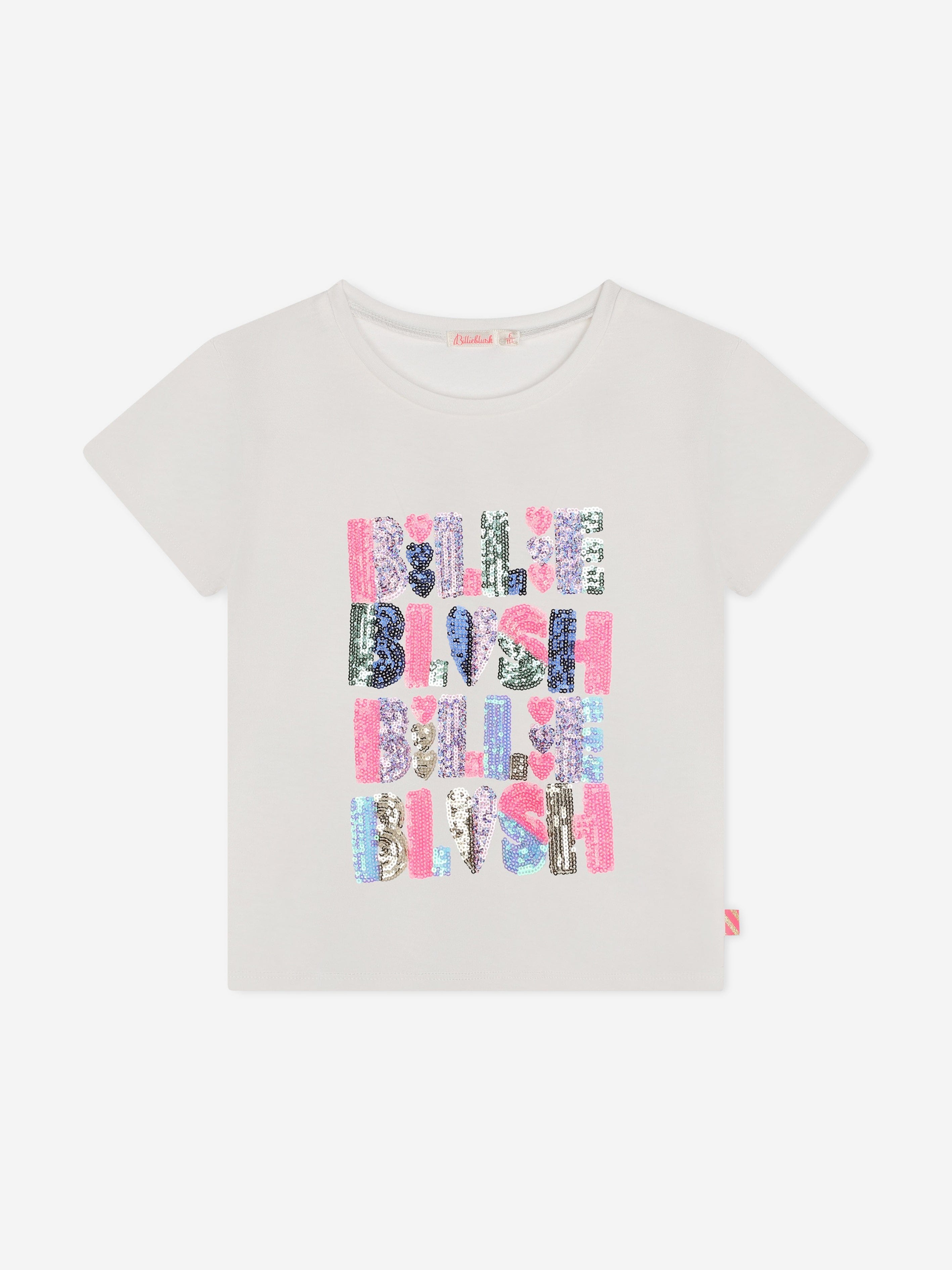 Billieblush Girls Sequin Logo T-Shirt in Ivory Big Discount For Sale