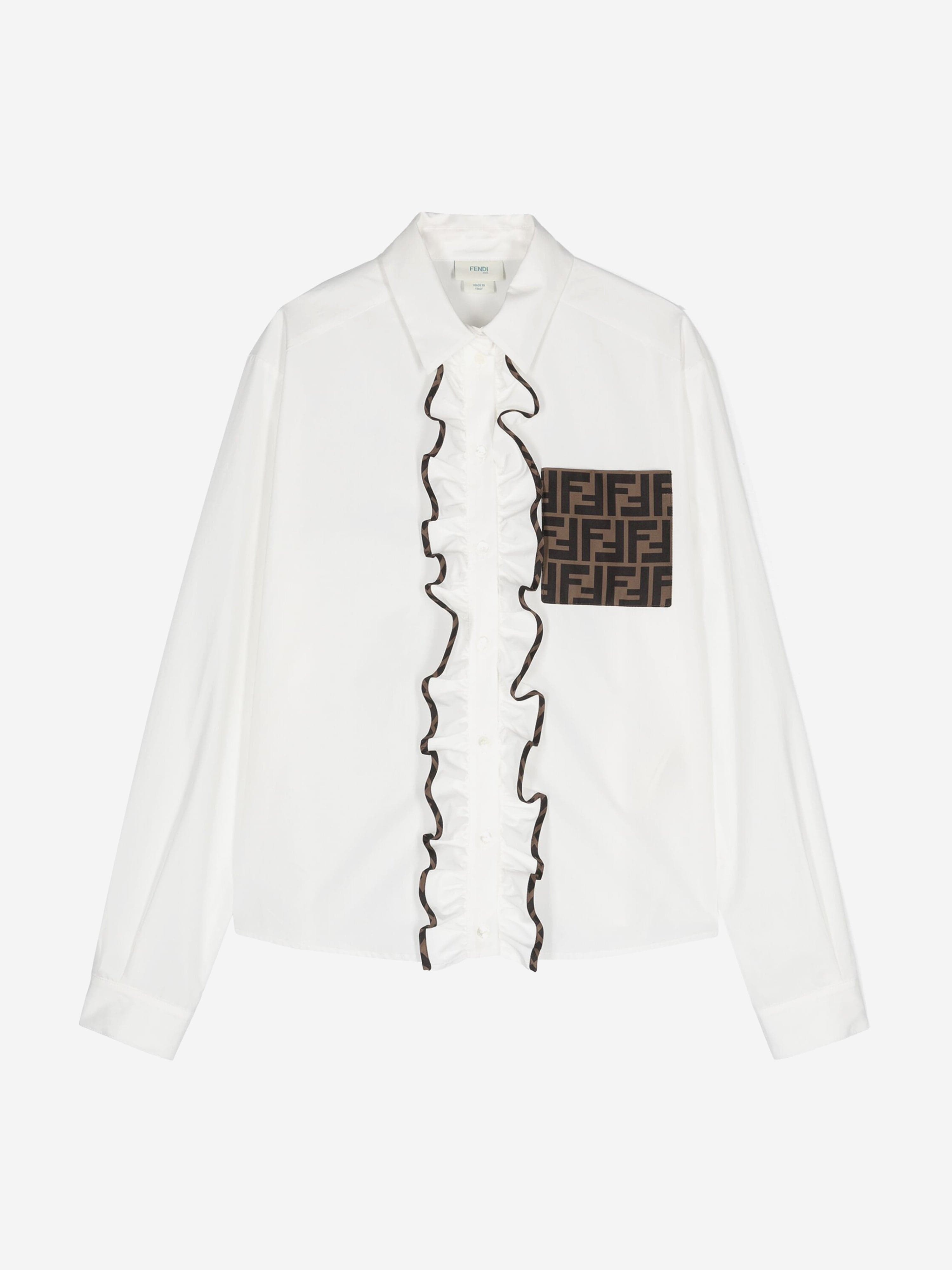 Fendi Girls FF Logo Ruffle Blouse in White Discount Outlet Store