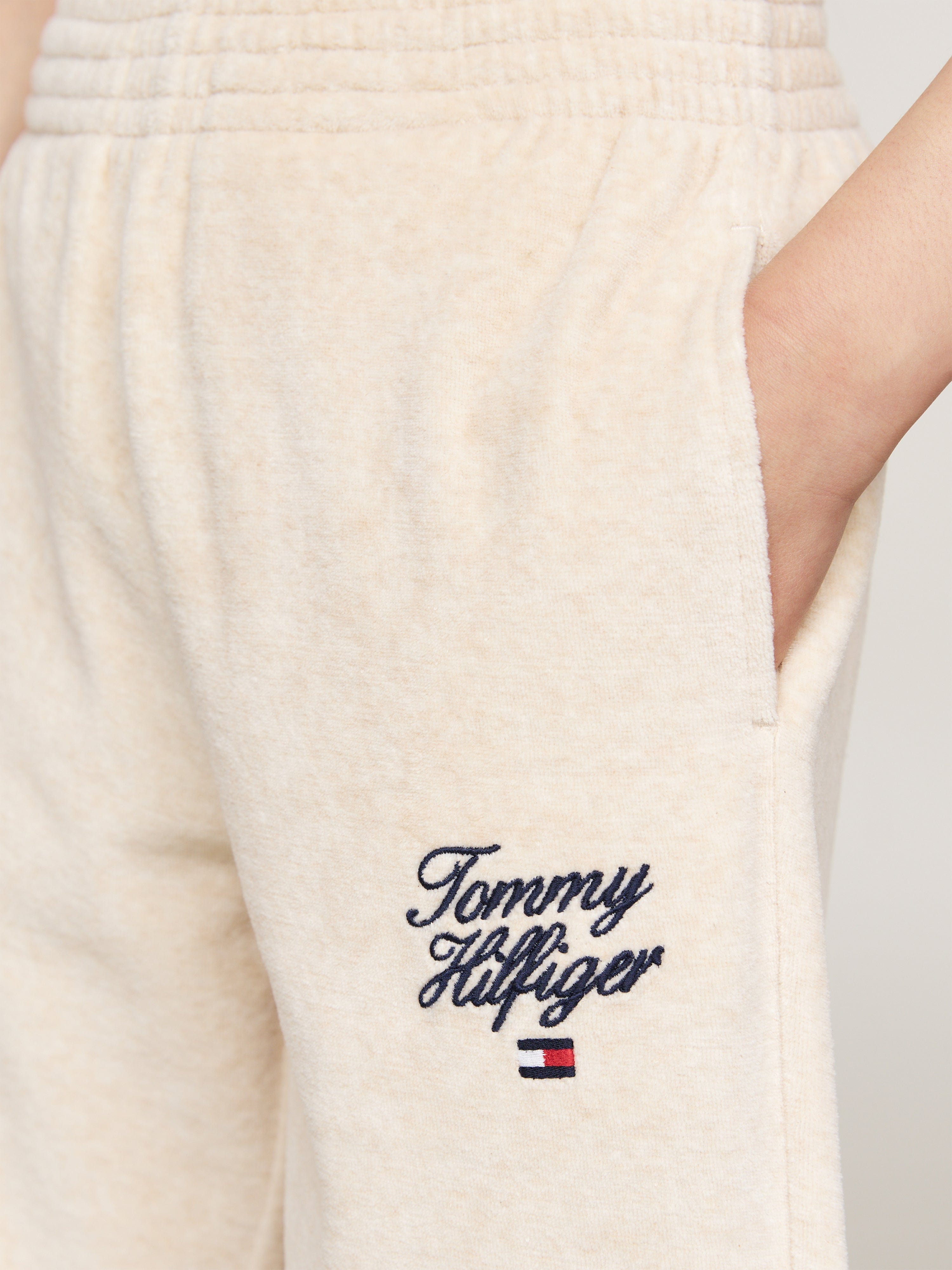 Tommy Hilfiger Girls Script Logo Velour Pants in Beige For Cheap Pice