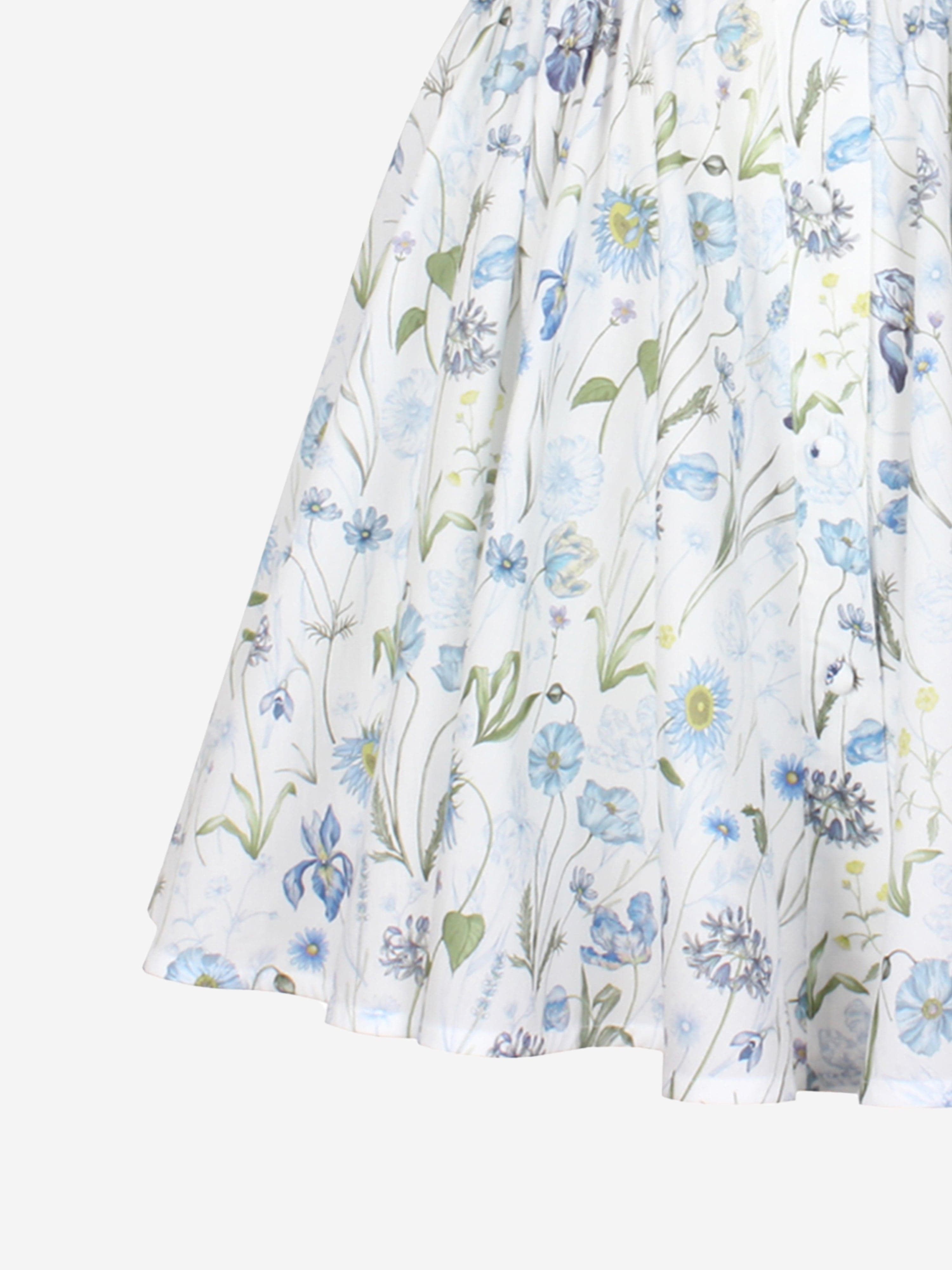 Jessie And James Girls Little Sister Blue Medaow Print Dress in White Classic